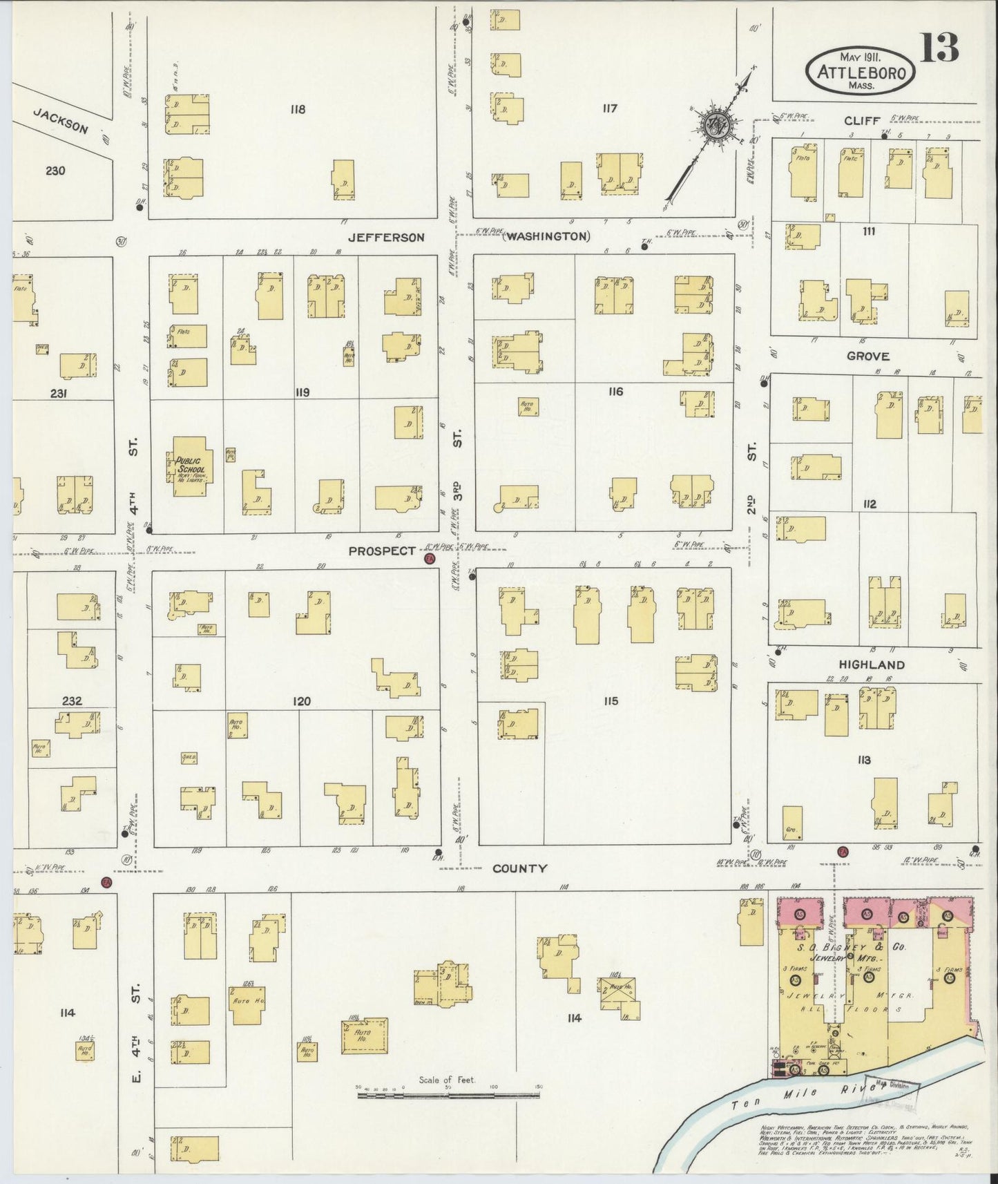 Sanborn Fire Insurance Map from Attleboro, Bristol County, Massachusetts (1911), Sheet #0013 - Complete Map Set gallery image, historic Sanborn map, vintage wall art, Massachusetts Massachusetts
