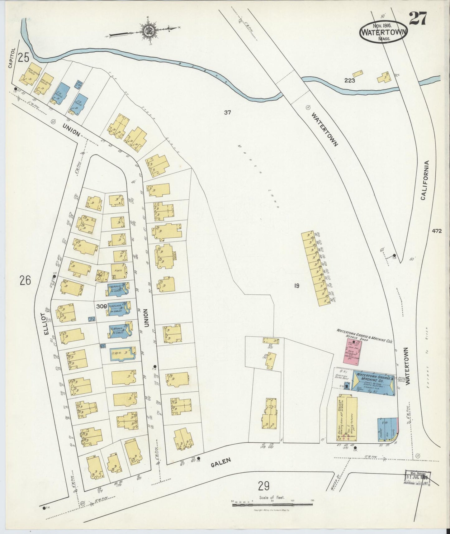 Sanborn Fire Insurance Map from Watertown, Middlesex County, Massachusetts (1916), Sheet #0027 - Complete Map Set gallery image, historic Sanborn map, vintage wall art, Massachusetts Massachusetts