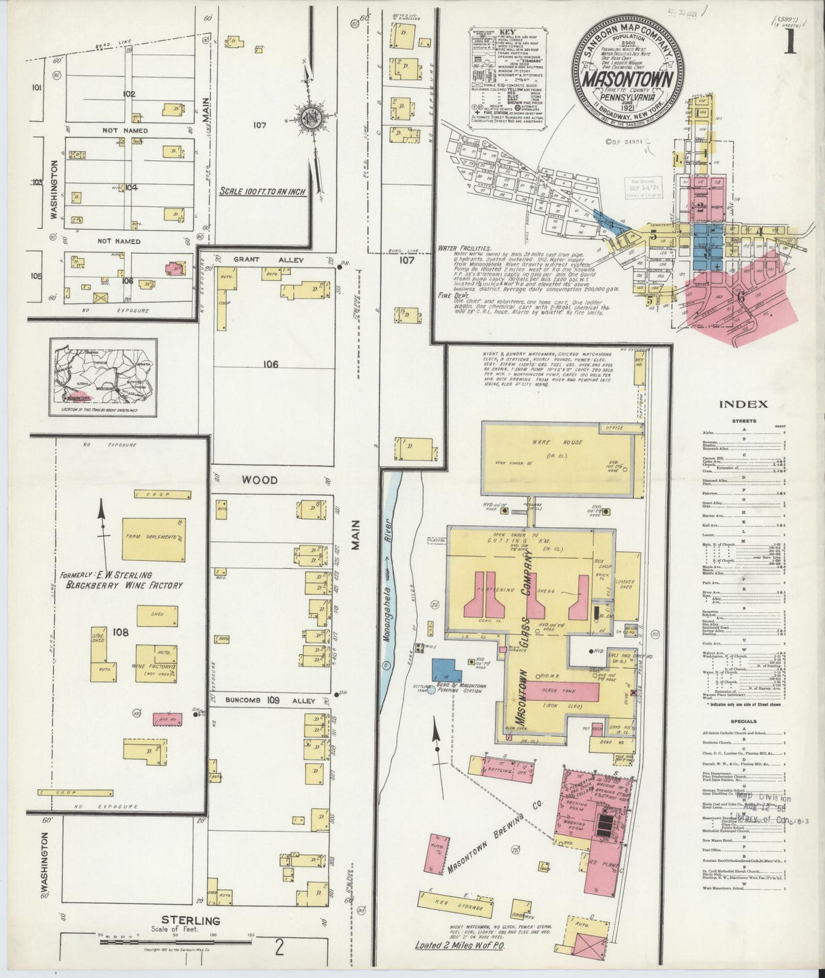 Sanborn Fire Insurance Map from Masontown, Fayette County, Pennsylvania (1921), Sheet #0001 - Historic Sanborn Fire Insurance Map Print, vintage old map wall art, antique decor, genealogy gift, Pennsylvania Pennsylvania map