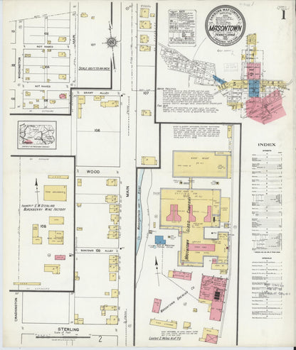 Sanborn Fire Insurance Map from Masontown, Fayette County, Pennsylvania (1921), Sheet #0001 - Historic Sanborn Fire Insurance Map Print, vintage old map wall art, antique decor, genealogy gift, Pennsylvania Pennsylvania map