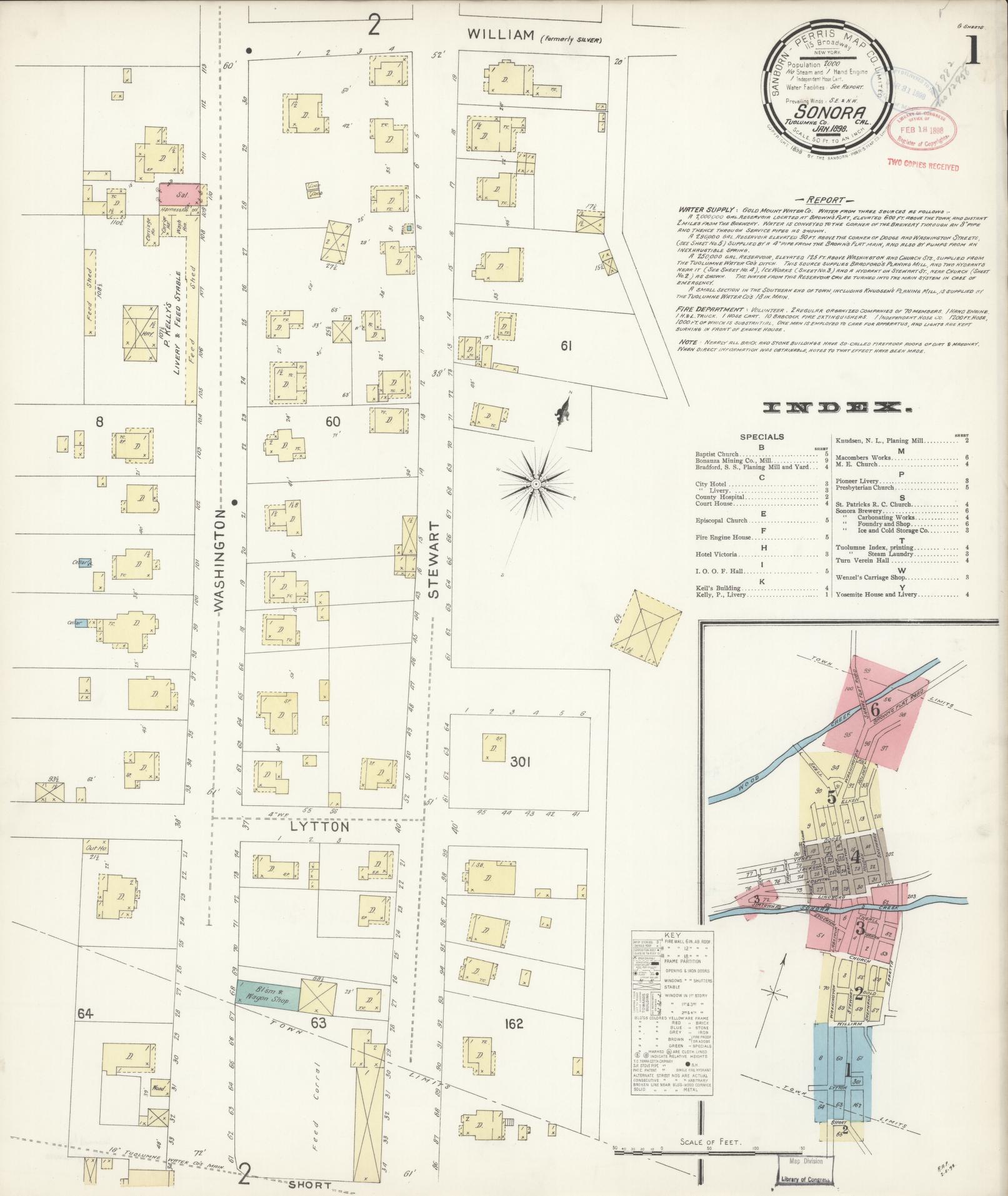 Sanborn Fire Insurance Map from Sonora, Tuolumne County, California (1898), Sheet #0001 - Complete Map Set gallery image, historic Sanborn map, vintage wall art, California California
