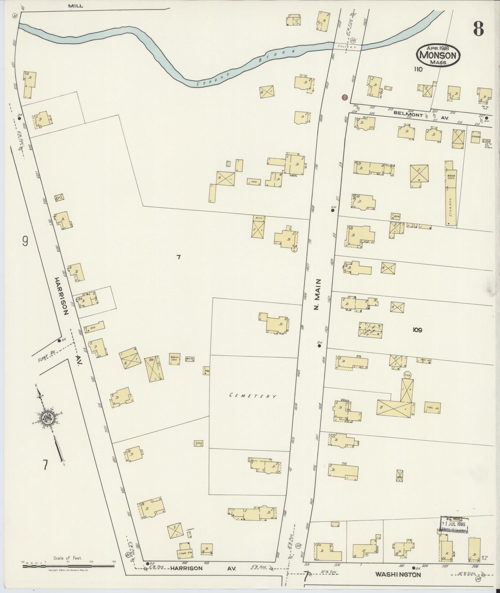 Sanborn Fire Insurance Map from Monson, Hampden County, Massachusetts (1918), Sheet #0008 - Complete Map Set gallery image, historic Sanborn map, vintage wall art, Massachusetts Massachusetts