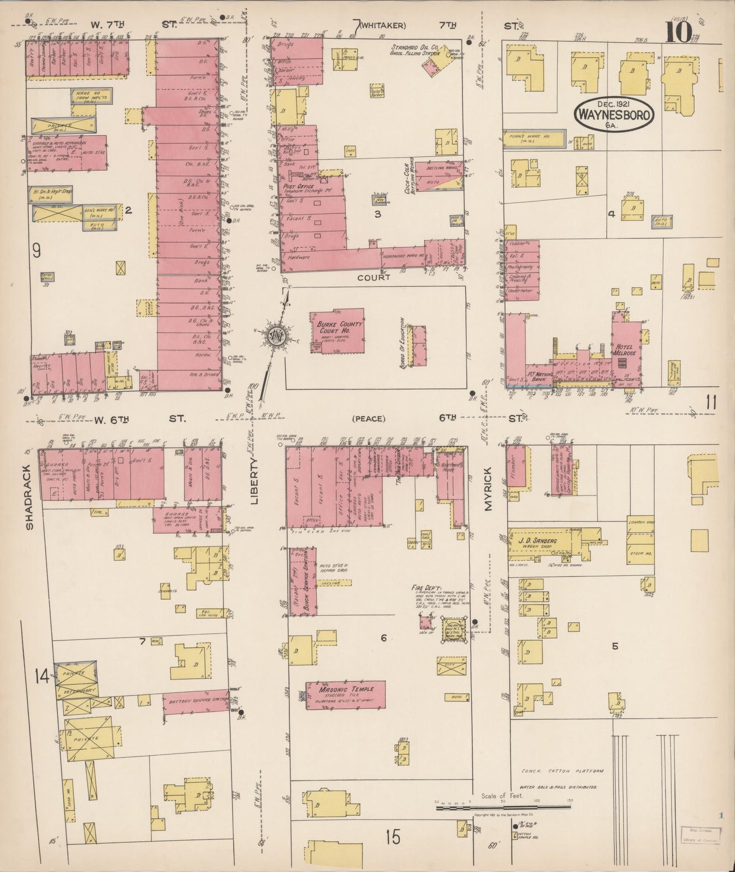 Sanborn Fire Insurance Map from Waynesboro, Burke County, Georgia (1921), Sheet #0010 - Historic Sanborn Fire Insurance Map Print, vintage old map wall art, antique decor, genealogy gift, Georgia Georgia map