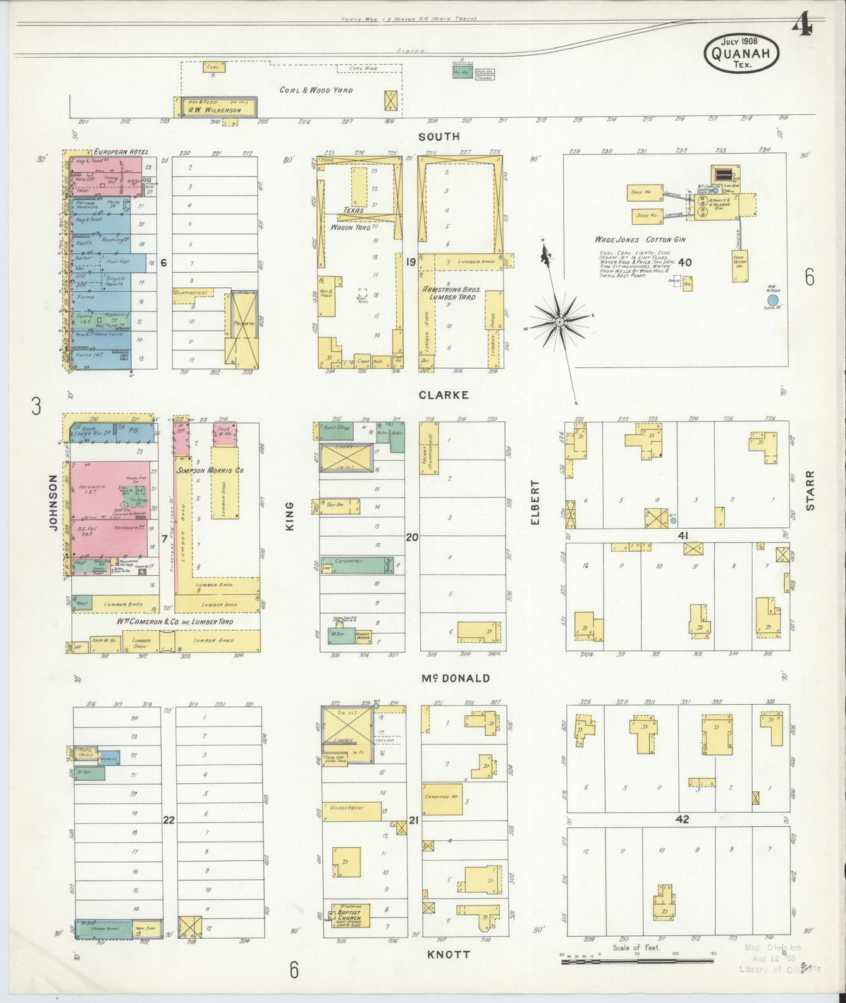 Sanborn Fire Insurance Map from Quanah, Hardeman County, Texas (1908), Sheet #0004 - Complete Map Set gallery image, historic Sanborn map, vintage wall art, Texas Texas
