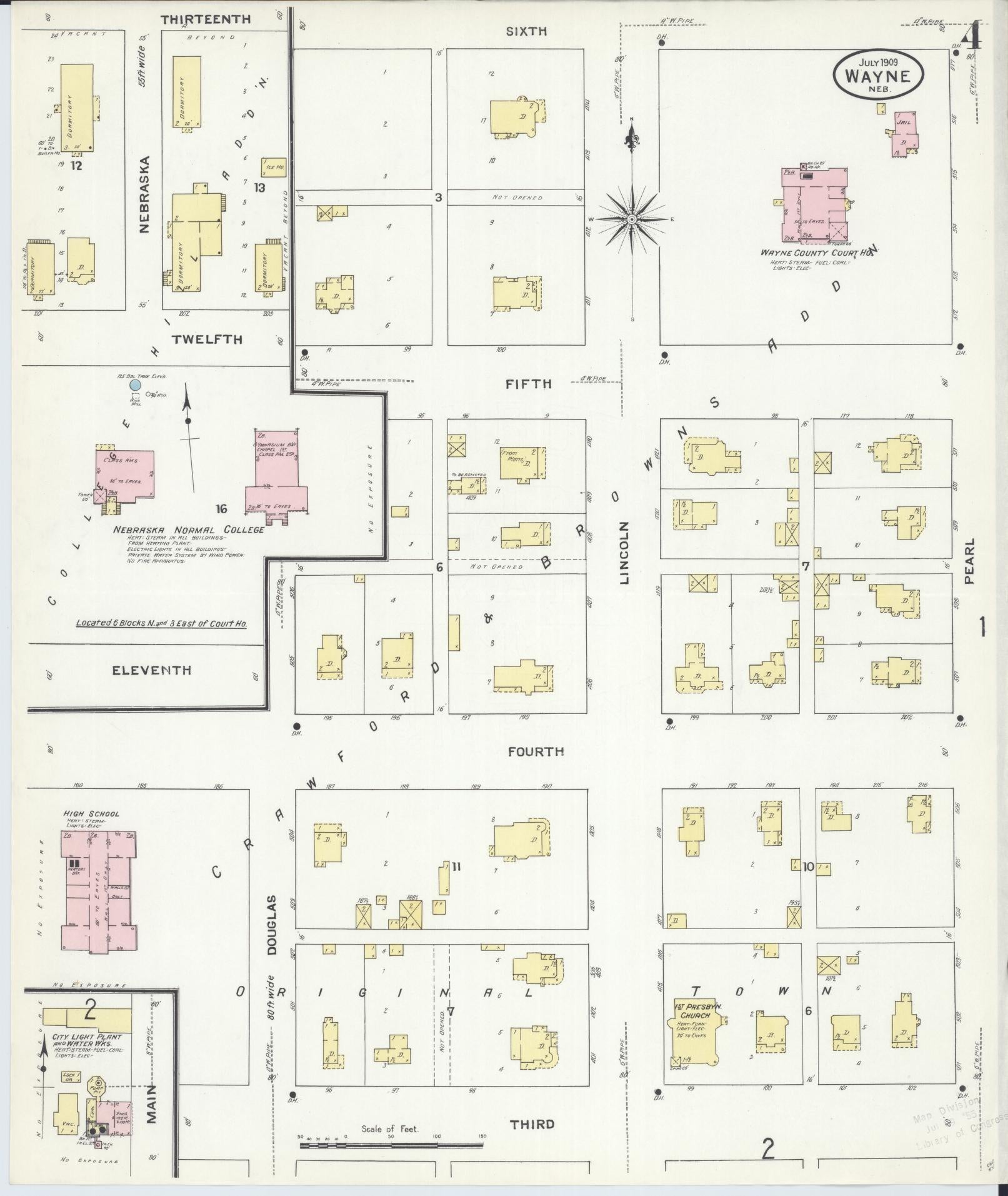Sanborn Fire Insurance Map from Wayne, Wayne County, Nebraska (1909), Sheet #0004 - Historic Sanborn Fire Insurance Map Print, vintage old map wall art, antique decor, genealogy gift, Nebraska Nebraska map