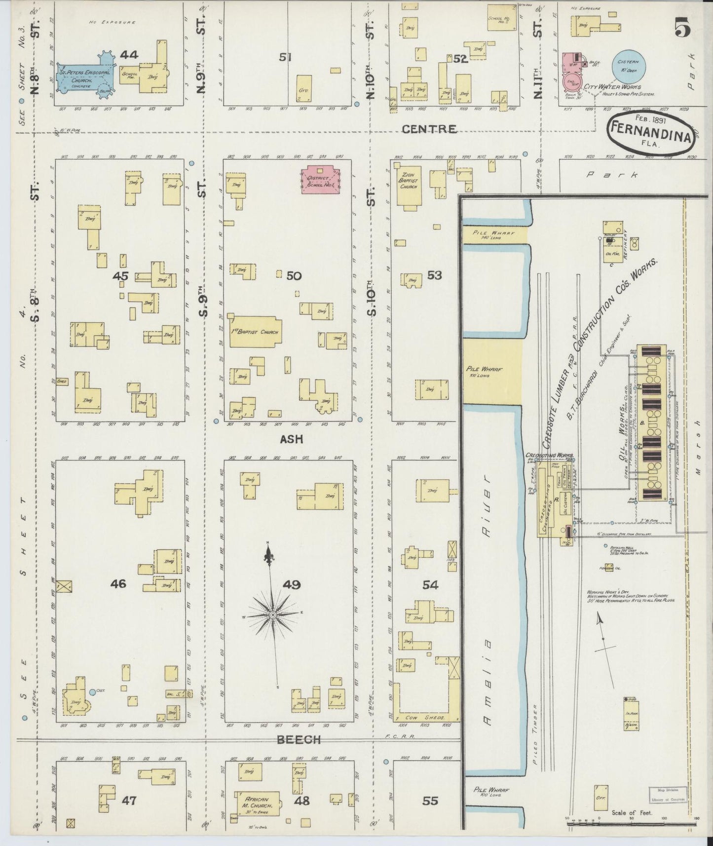 Sanborn Fire Insurance Map from Fernandina, Nassau County, Florida (1891), Sheet #0005 - Historic Sanborn Fire Insurance Map Print, vintage old map wall art, antique decor, genealogy gift, Florida Florida map