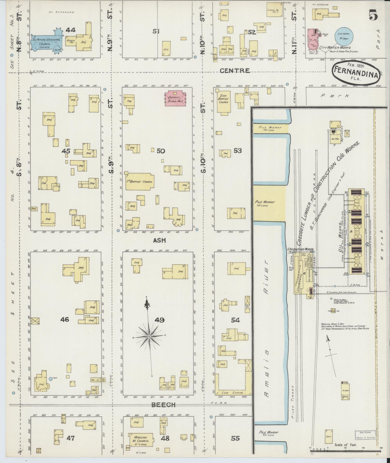 Sanborn Fire Insurance Map from Fernandina, Nassau County, Florida (1891), Sheet #0005 - Historic Sanborn Fire Insurance Map Print, vintage old map wall art, antique decor, genealogy gift, Florida Florida map