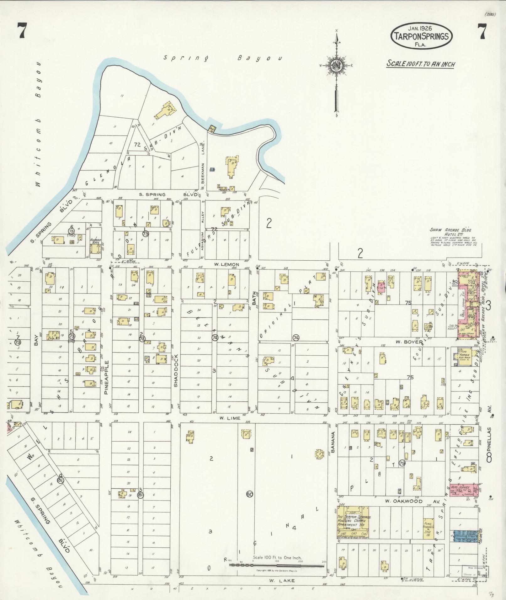 Sanborn Fire Insurance Map from Tarpon Springs, Pinellas County, Florida (1926), Sheet #0007 - Complete Map Set gallery image, historic Sanborn map, vintage wall art, Florida Florida