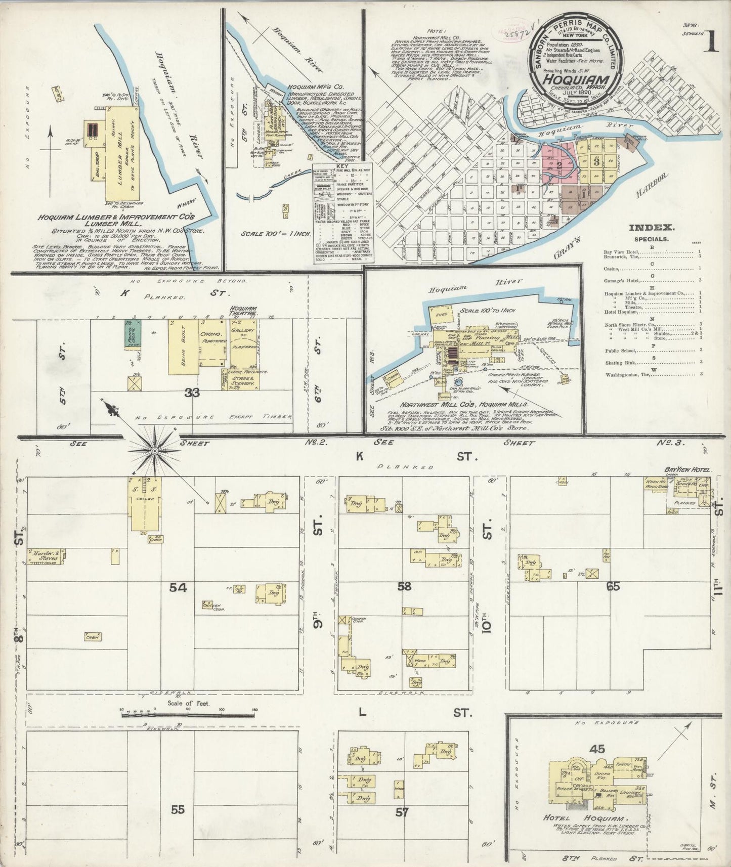 Sanborn Fire Insurance Map from Hoquiam, Grays Harbor County, Washington (1890), Sheet #0001 - Complete Map Set gallery image, historic Sanborn map, vintage wall art, Washington Washington