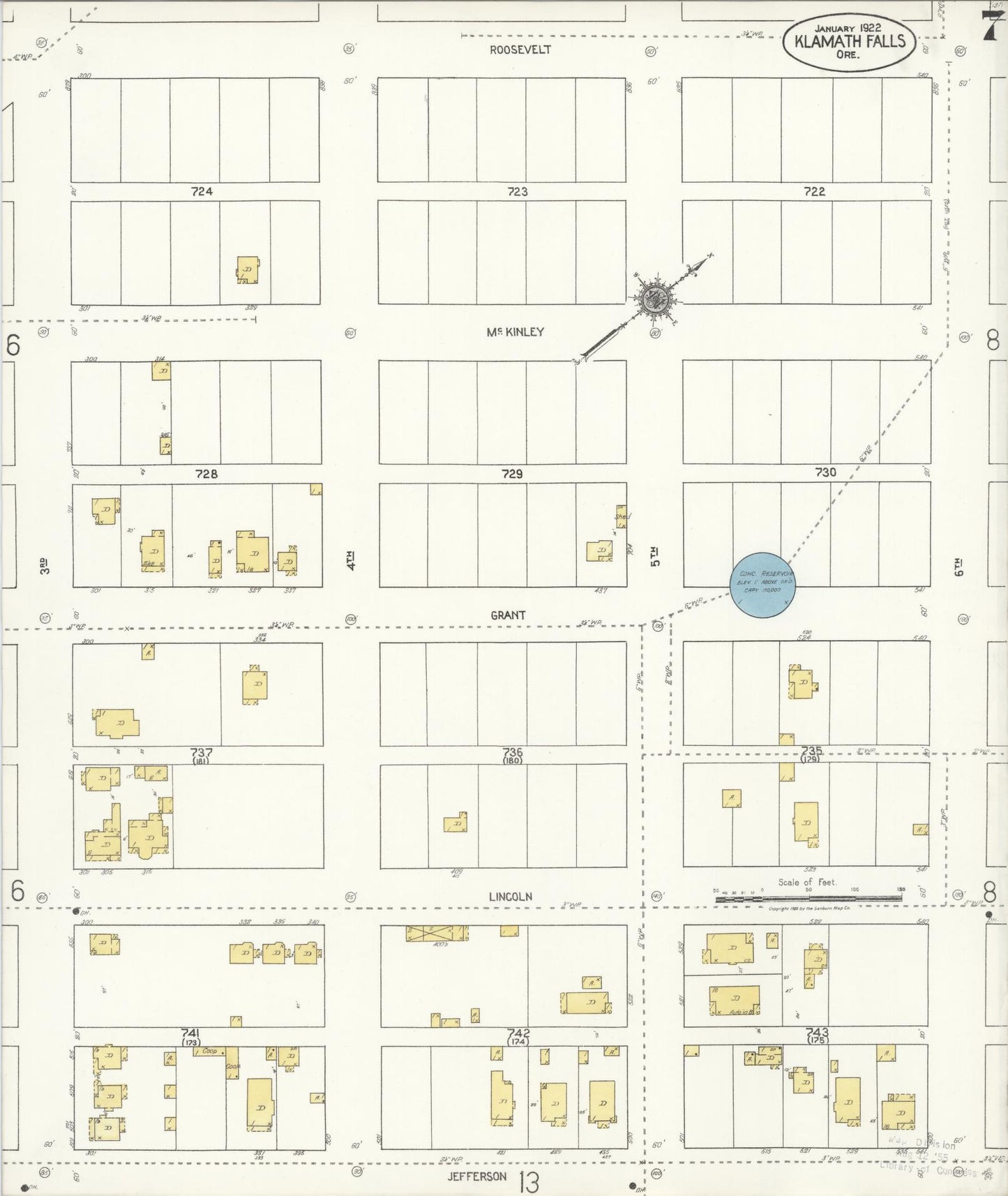 Sanborn Fire Insurance Map from Klamath Falls, Klamath County, Oregon (1921), Sheet #0007 - Historic Sanborn Fire Insurance Map Print, vintage old map wall art, antique decor, genealogy gift, Oregon Oregon map