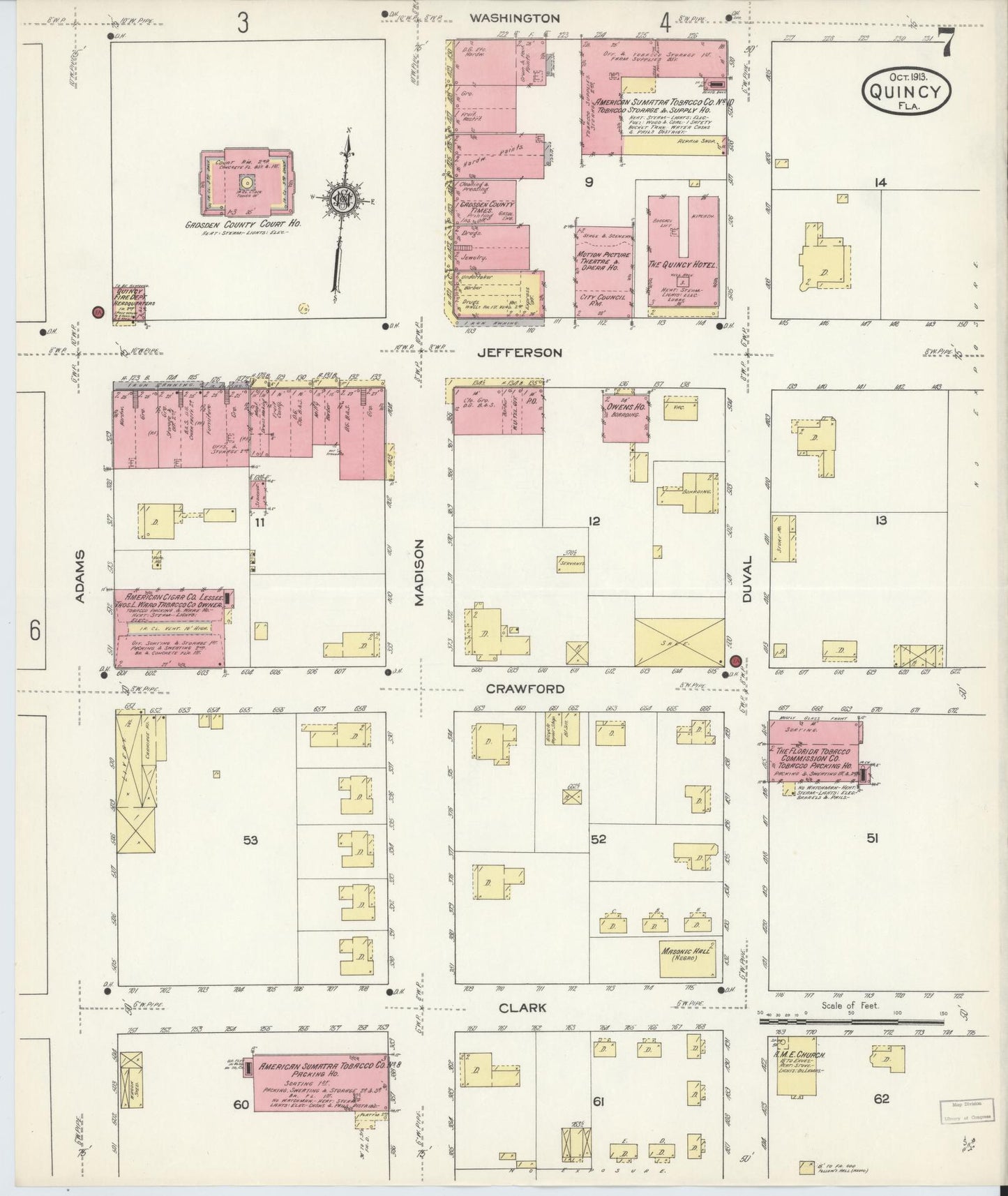 Sanborn Fire Insurance Map from Quincy, Gadsden County, Florida (1913), Sheet #0007 - Historic Sanborn Fire Insurance Map Print, vintage old map wall art, antique decor, genealogy gift, Florida Florida map
