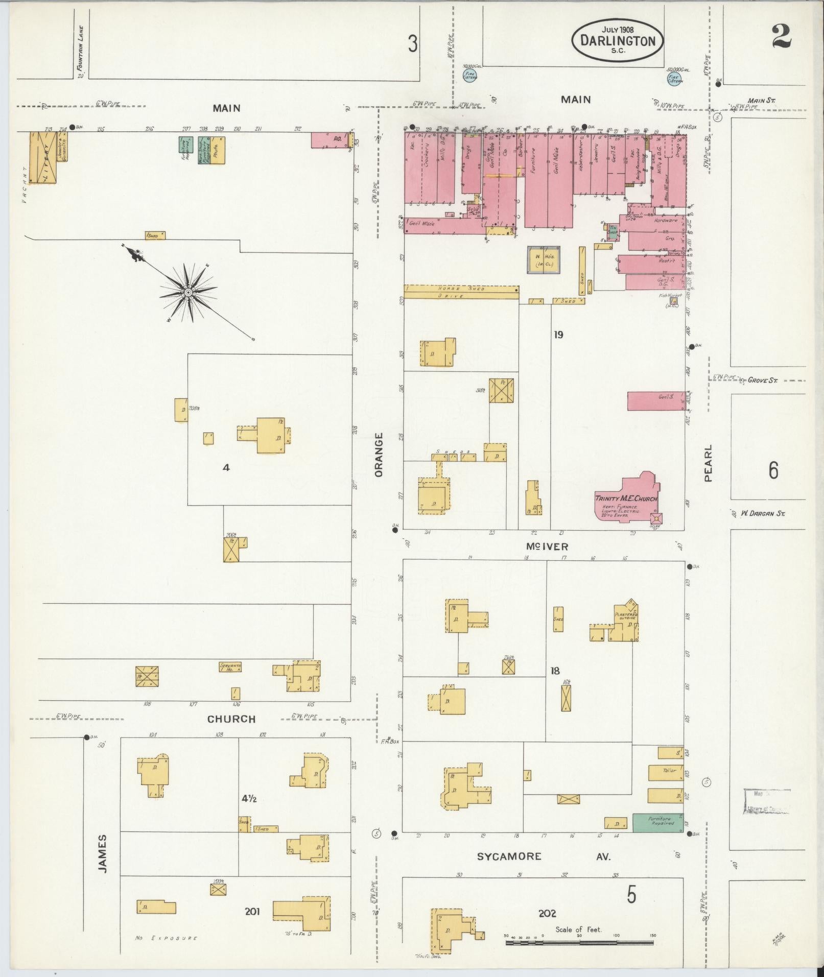 Sanborn Fire Insurance Map from Darlington, Darlington County, South Carolina (1908), Sheet #0002 - Complete Map Set gallery image, historic Sanborn map, vintage wall art, South Carolina South Carolina