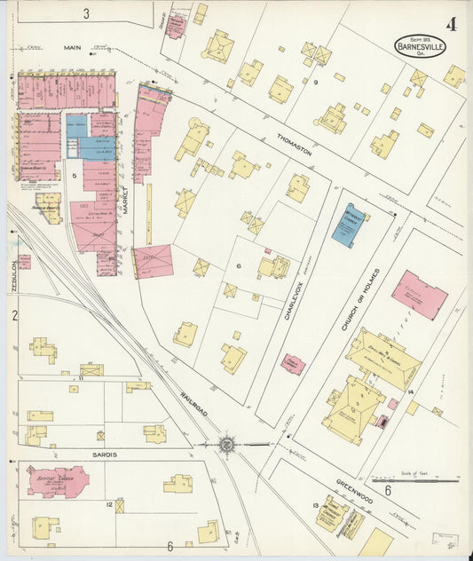 Sanborn Fire Insurance Map from Barnesville, Lamar County, Georgia (1913), Sheet #0004 - Historic Sanborn Fire Insurance Map Print, vintage old map wall art, antique decor, genealogy gift, Georgia Georgia map