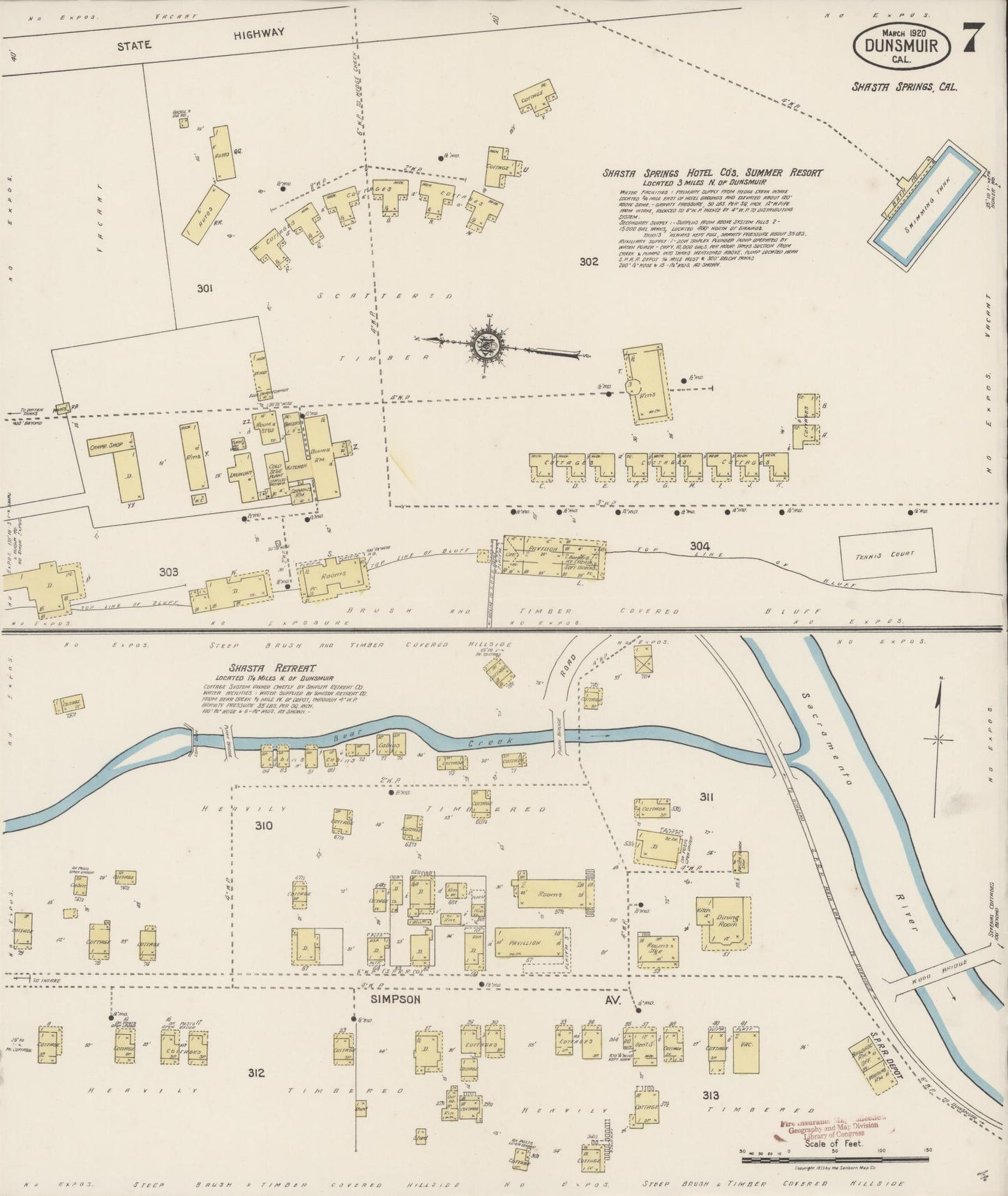 Sanborn Fire Insurance Map from Dunsmuir, Siskiyou County, California (1920), Sheet #0007 - Historic Sanborn Fire Insurance Map Print, vintage old map wall art, antique decor, genealogy gift, California California map