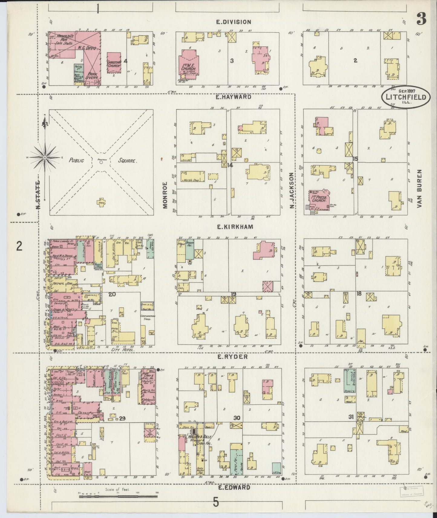 Sanborn Fire Insurance Map from Litchfield, Montgomery County, Illinois (1897), Sheet #0003 - Complete Map Set gallery image, historic Sanborn map, vintage wall art, Illinois Illinois
