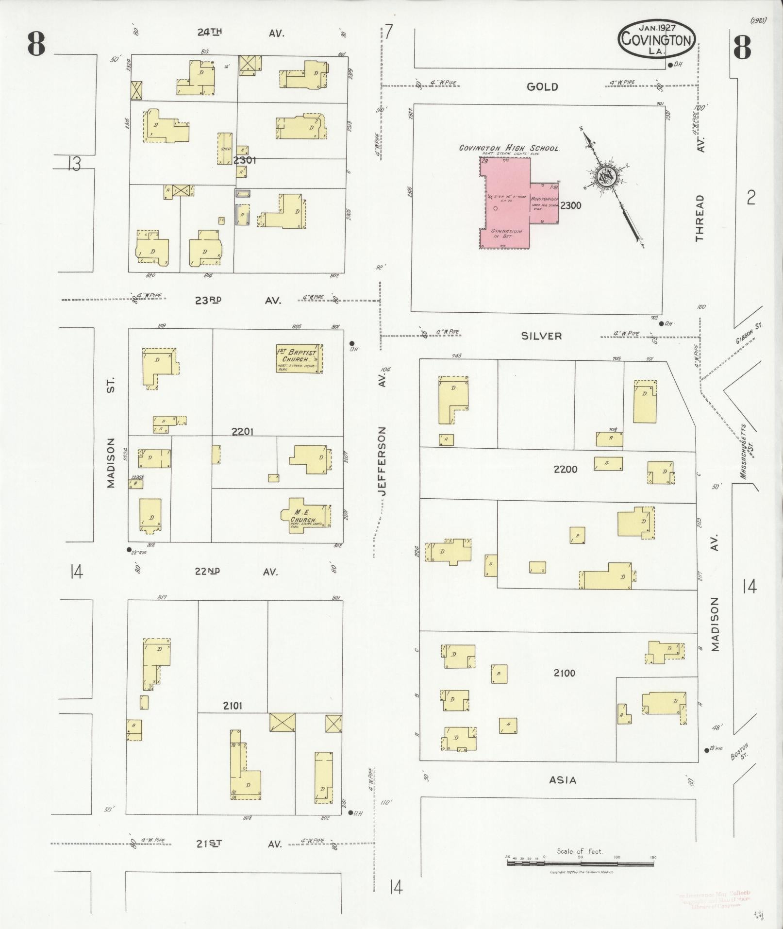 Sanborn Fire Insurance Map from Covington, Saint Tammany Parish, Louisiana (1927), Sheet #0008 - Complete Map Set gallery image, historic Sanborn map, vintage wall art, Louisiana Louisiana