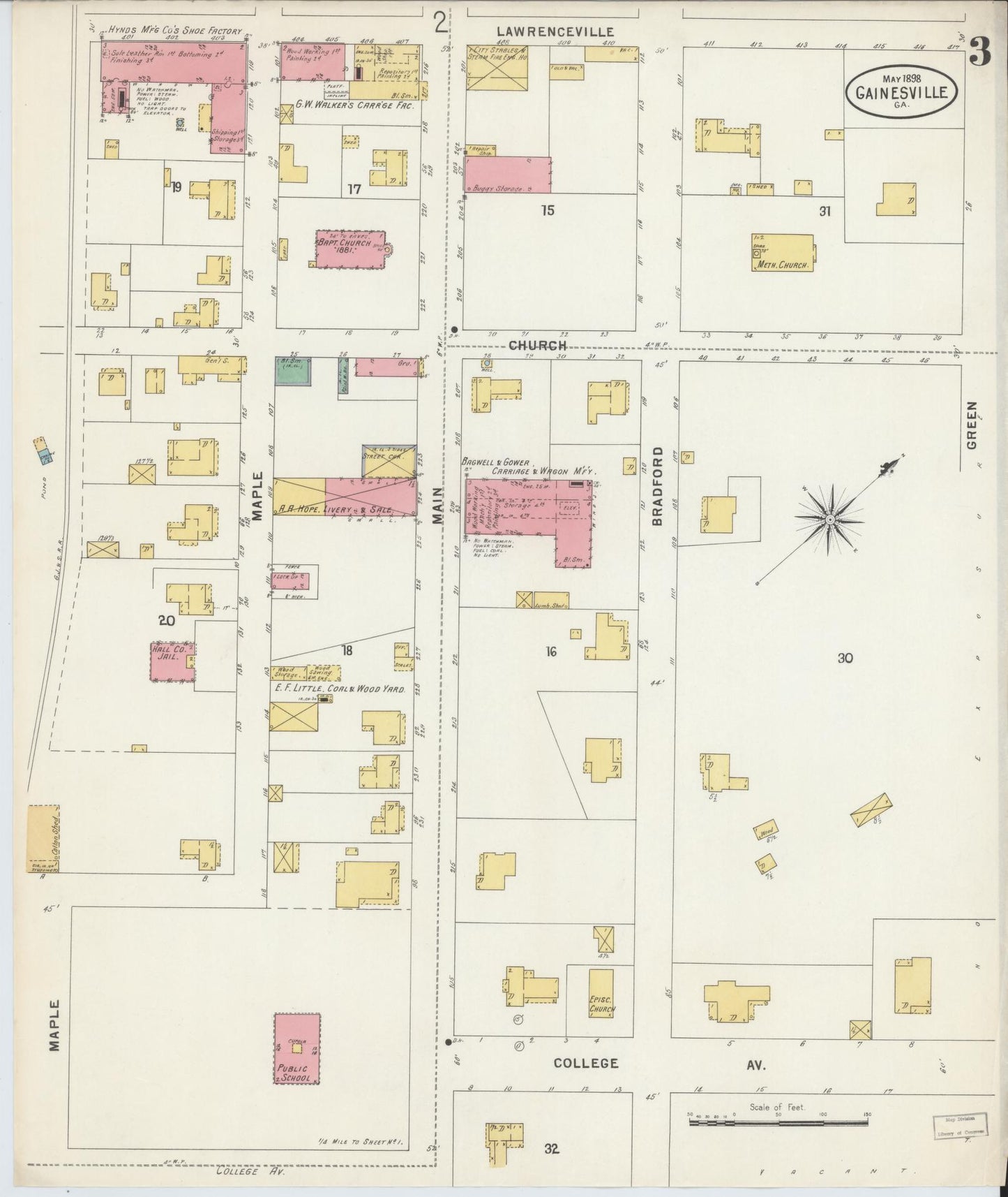 Sanborn Fire Insurance Map from Gainesville, Hall County, Georgia (1898), Sheet #0003 - Complete Map Set gallery image, historic Sanborn map, vintage wall art, Georgia Georgia