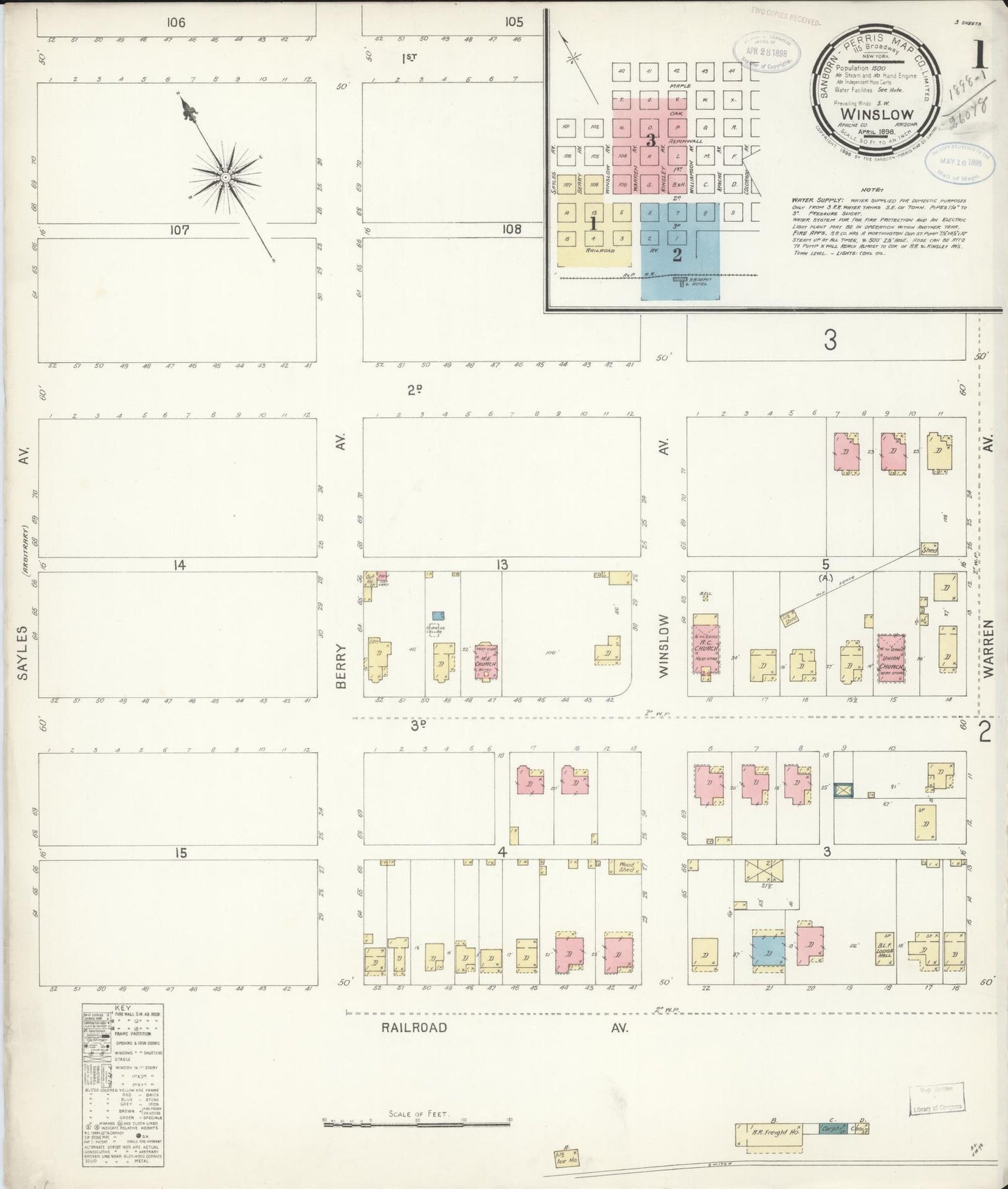 Sanborn Fire Insurance Map from Winslow, Navajo County, Arizona (1898), Sheet #0001 - Complete Map Set gallery image, historic Sanborn map, vintage wall art, Arizona Arizona
