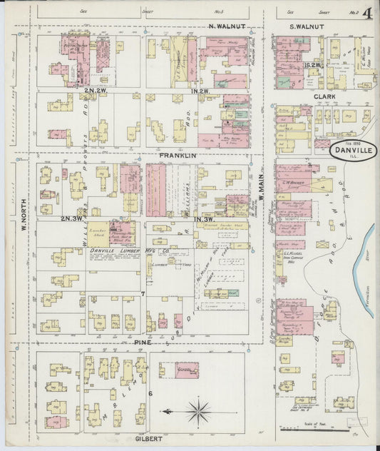 Sanborn Fire Insurance Map from Danville, Vermilion County, Illinois (1890), Sheet #0004 - Historic Sanborn Fire Insurance Map Print, vintage old map wall art, antique decor, genealogy gift, Illinois Illinois map