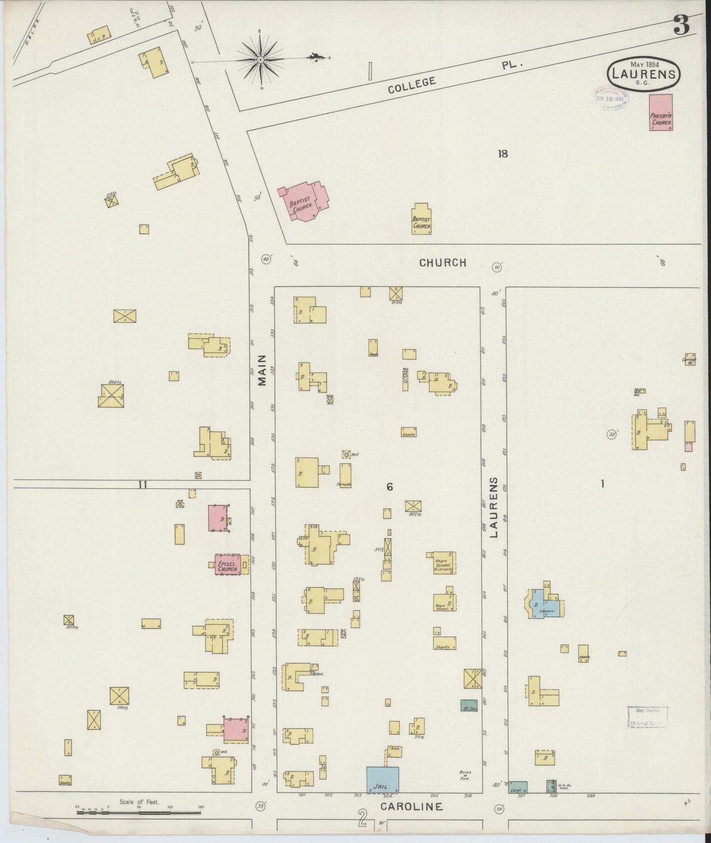 Sanborn Fire Insurance Map from Laurens, Laurens County, South Carolina (1894), Sheet #0003 - Historic Sanborn Fire Insurance Map Print, vintage old map wall art, antique decor, genealogy gift, South Carolina South Carolina map