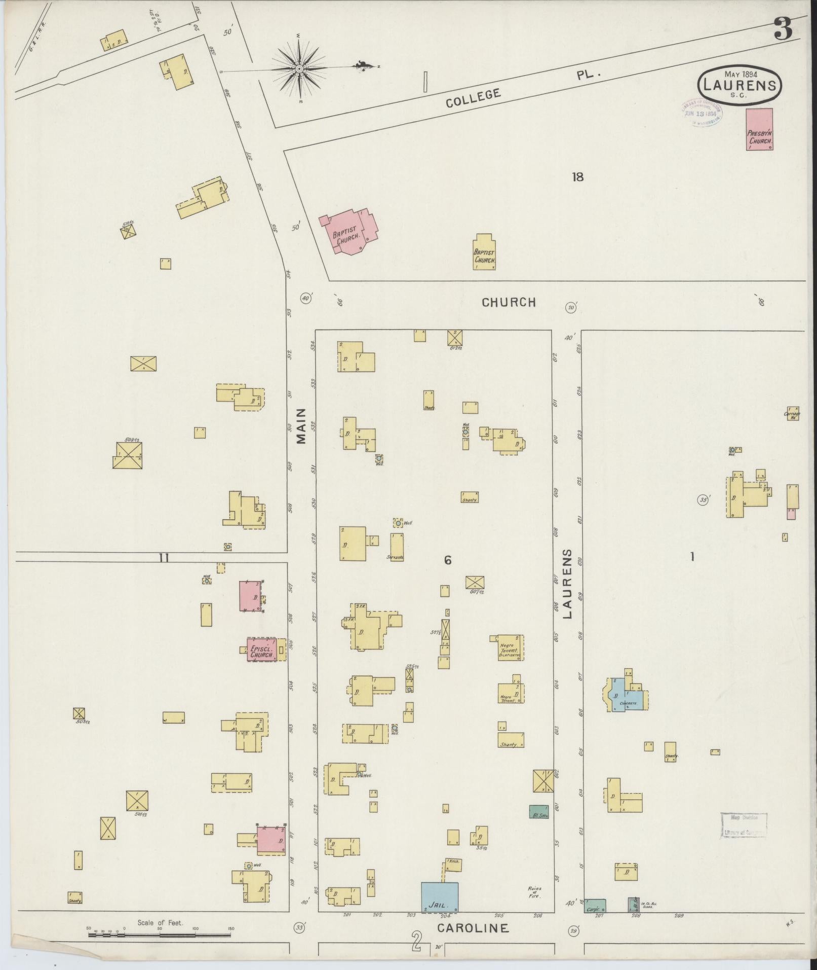 Sanborn Fire Insurance Map from Laurens, Laurens County, South Carolina (1894), Sheet #0003 - Historic Sanborn Fire Insurance Map Print, vintage old map wall art, antique decor, genealogy gift, South Carolina South Carolina map