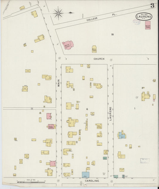 Sanborn Fire Insurance Map from Laurens, Laurens County, South Carolina (1894), Sheet #0003 - Historic Sanborn Fire Insurance Map Print, vintage old map wall art, antique decor, genealogy gift, South Carolina South Carolina map