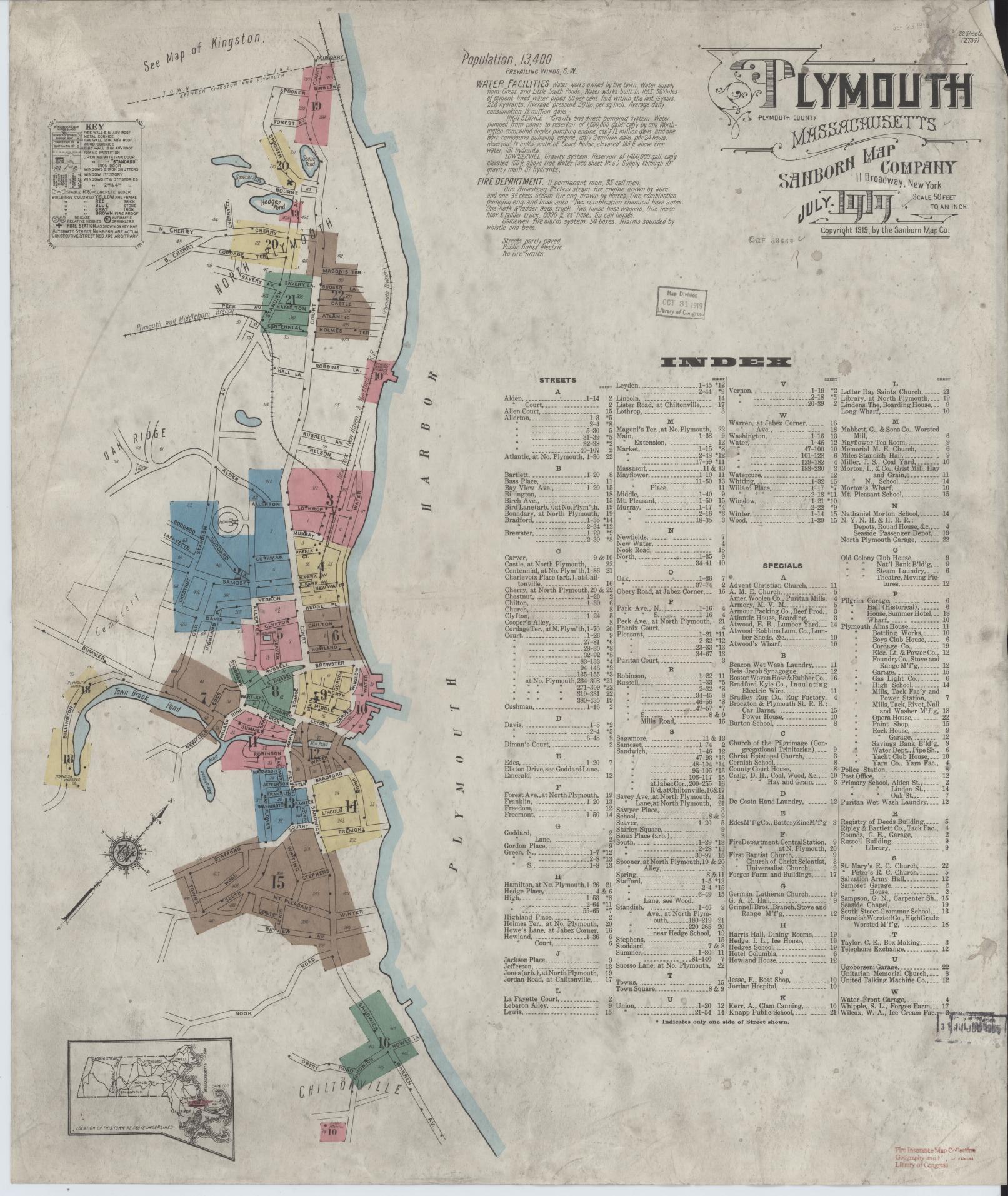 Sanborn Fire Insurance Map from Plymouth, Plymouth County, Massachusetts (1919), Sheet #0001 - Complete Map Set gallery image, historic Sanborn map, vintage wall art, Massachusetts Massachusetts
