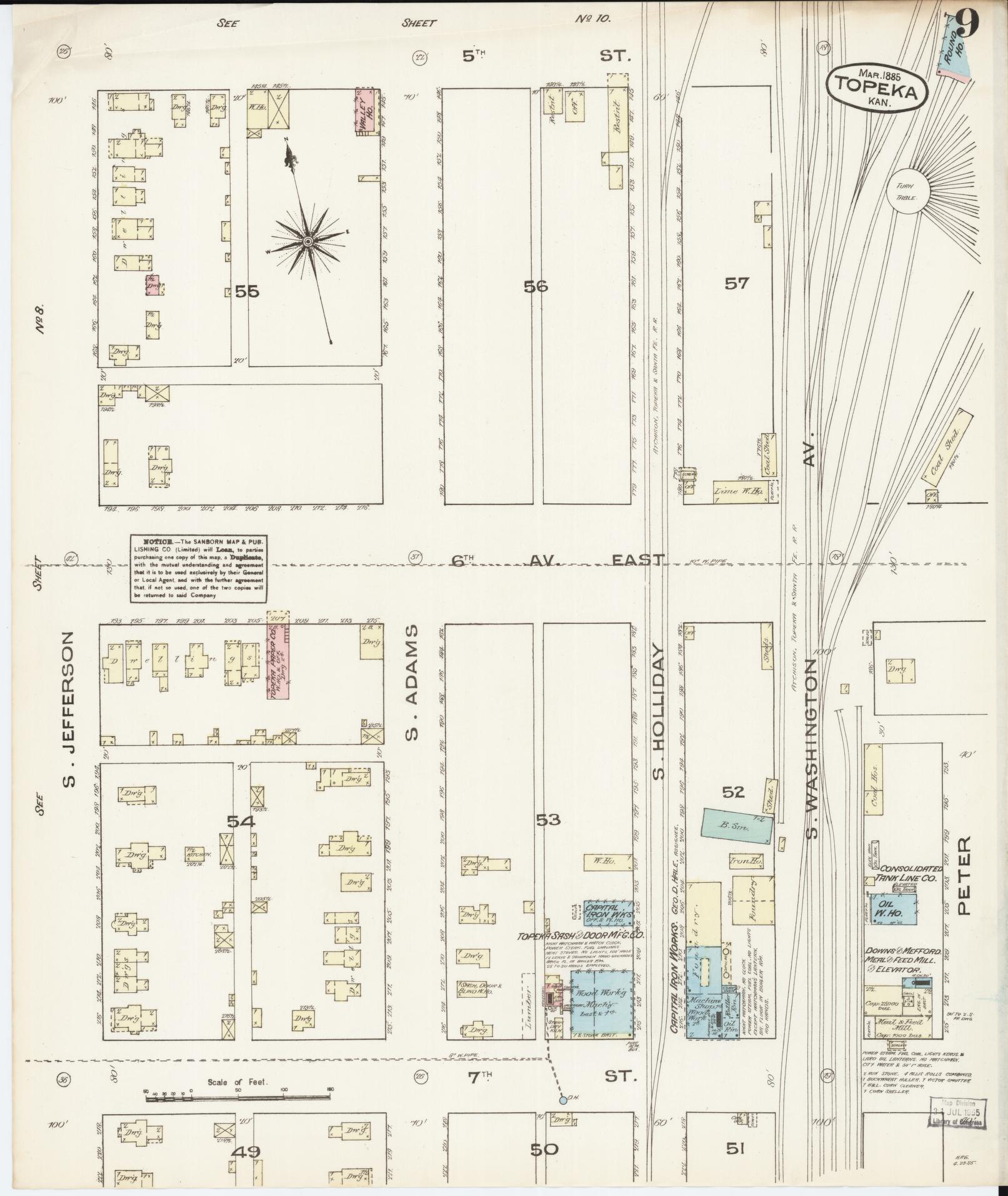 Sanborn Fire Insurance Map from Topeka, Shawnee County, Kansas (1885), Sheet #0009 - Historic Sanborn Fire Insurance Map Print, vintage old map wall art, antique decor, genealogy gift, Kansas Kansas map