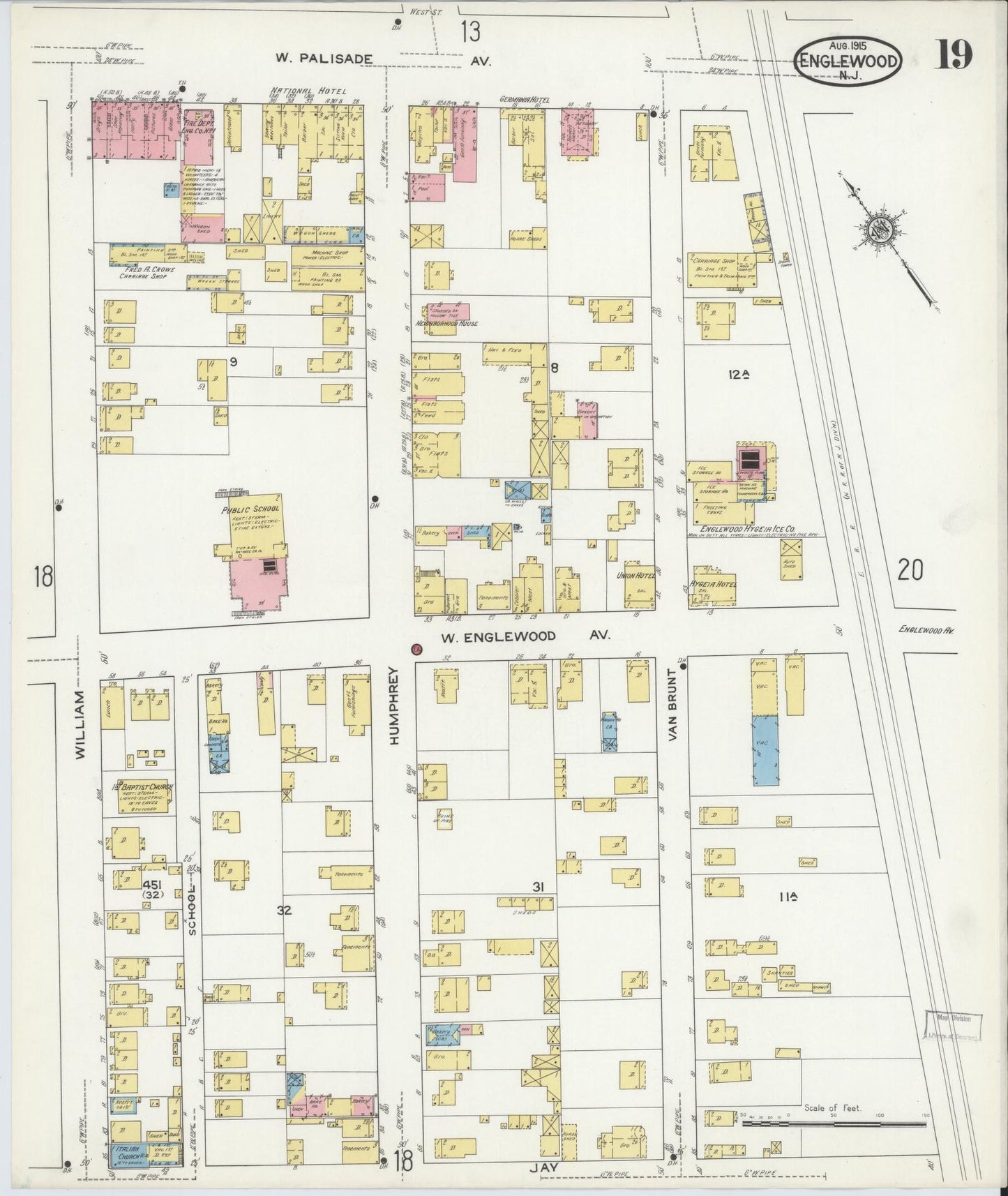 Sanborn Fire Insurance Map from Englewood, Bergen County, New Jersey (1915), Sheet #0019 - Complete Map Set gallery image, historic Sanborn map, vintage wall art, New Jersey New Jersey