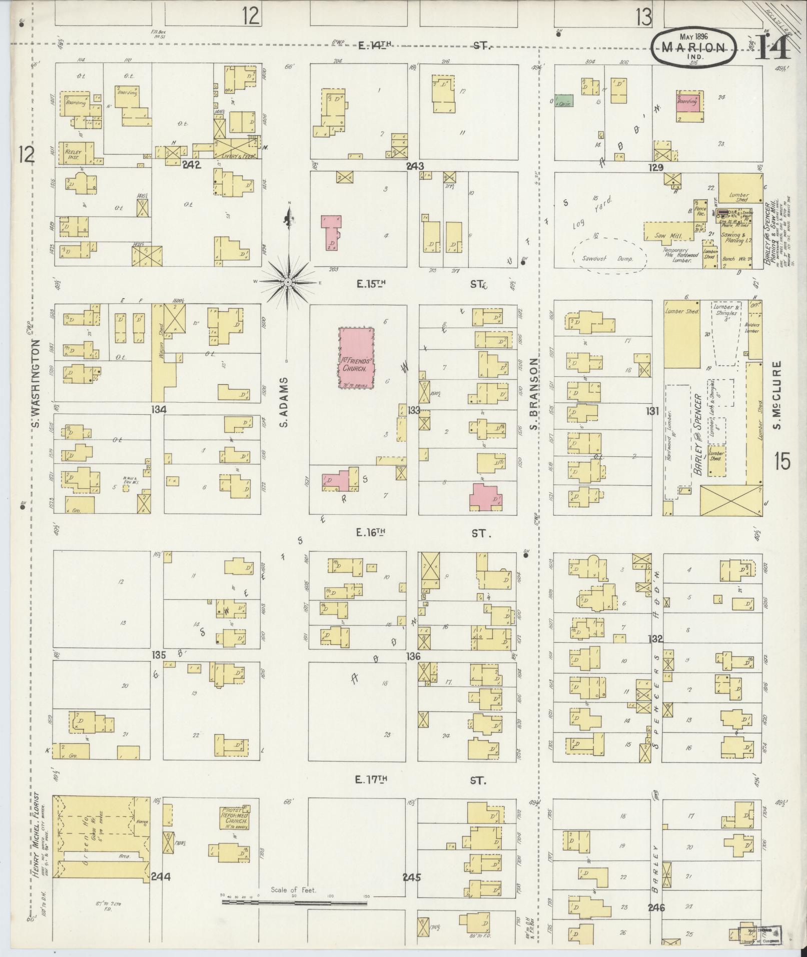 Sanborn Fire Insurance Map from Marion, Grant County, Indiana (1896), Sheet #0014 - Historic Sanborn Fire Insurance Map Print, vintage old map wall art, antique decor, genealogy gift, Indiana Indiana map