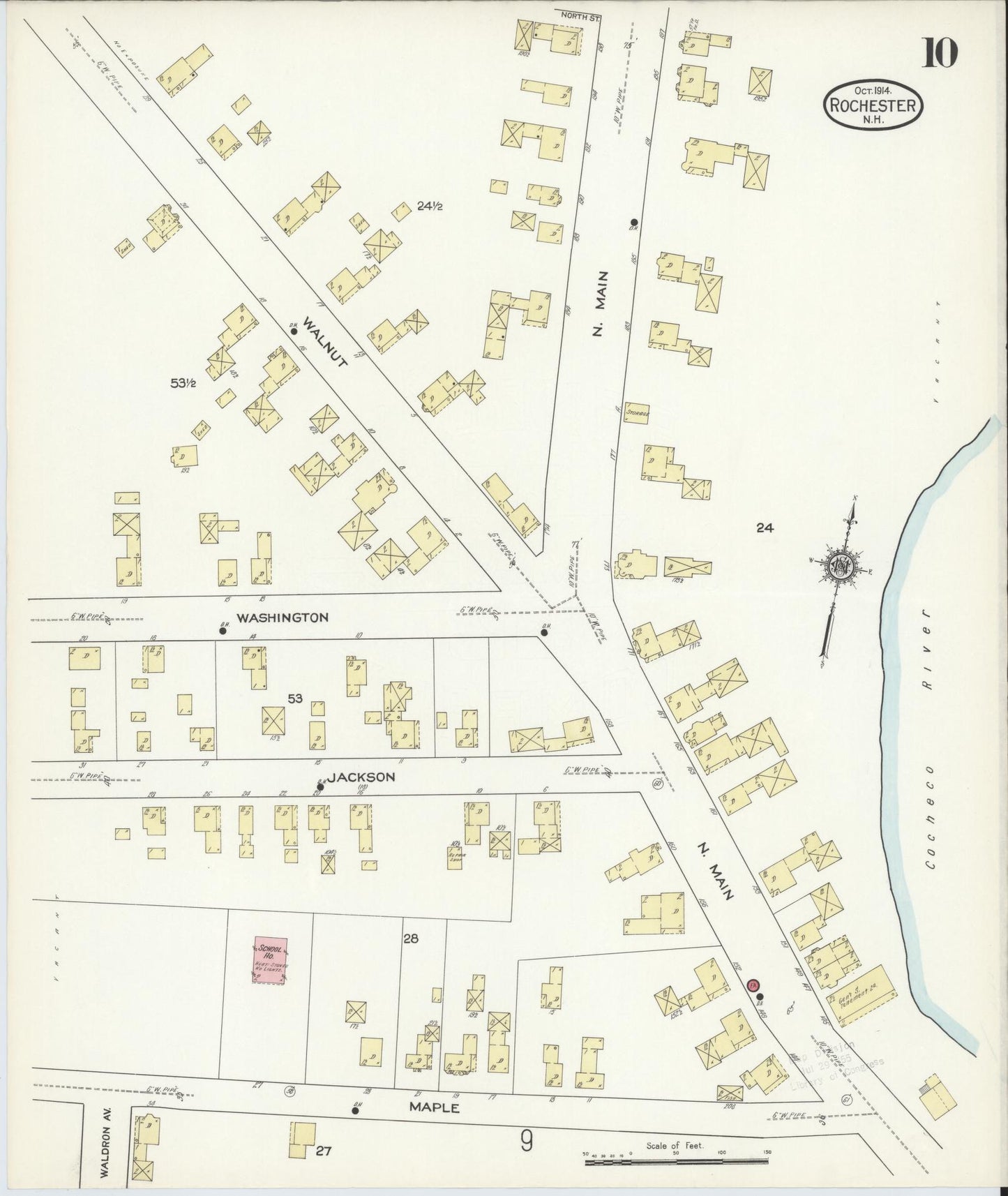 Sanborn Fire Insurance Map from Rochester, Strafford County, New Hampshire (1914), Sheet #0010 - Historic Sanborn Fire Insurance Map Print, vintage old map wall art, antique decor, genealogy gift, New Hampshire New Hampshire map