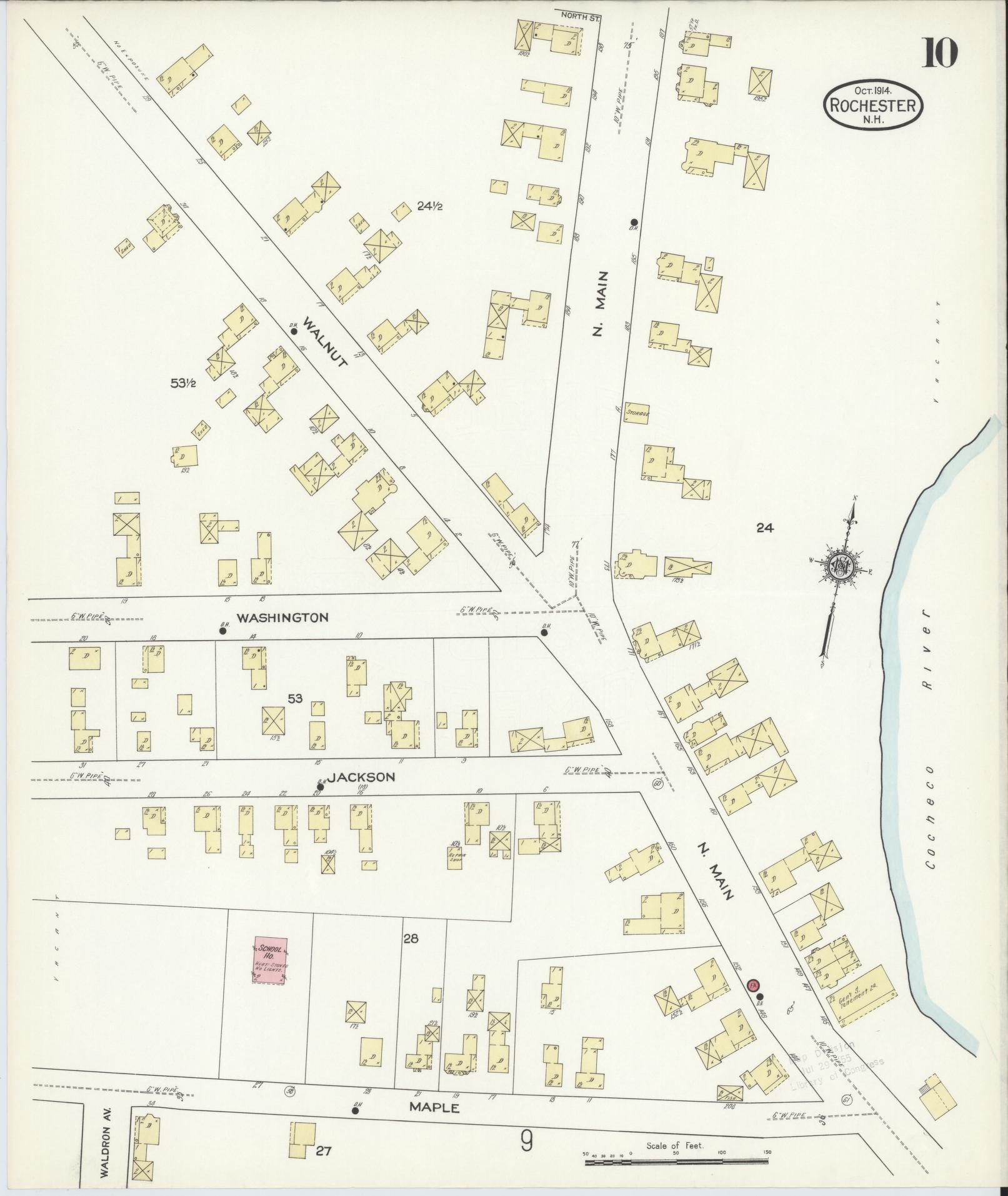Sanborn Fire Insurance Map from Rochester, Strafford County, New Hampshire (1914), Sheet #0010 - Historic Sanborn Fire Insurance Map Print, vintage old map wall art, antique decor, genealogy gift, New Hampshire New Hampshire map