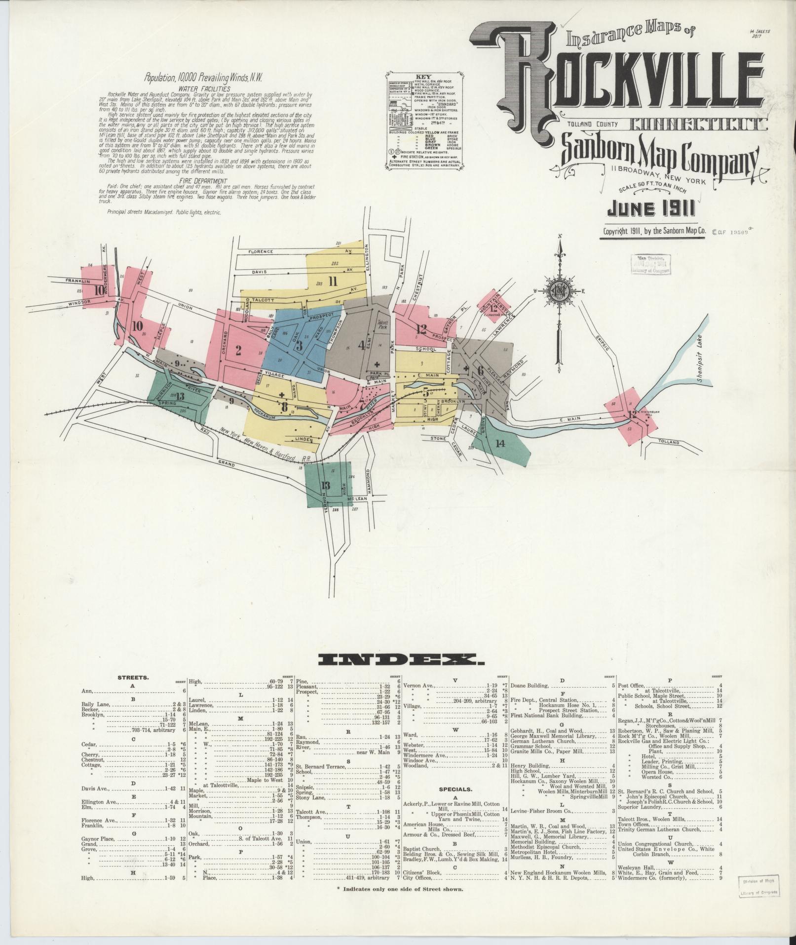 Sanborn Fire Insurance Map from Rockville, Tolland County, Connecticut (1911), Sheet #0001 - Complete Map Set gallery image, historic Sanborn map, vintage wall art, Connecticut Connecticut