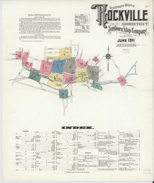 Sanborn Fire Insurance Map from Rockville, Tolland County, Connecticut (1911), Sheet #0001 - Complete Map Set gallery image, historic Sanborn map, vintage wall art, Connecticut Connecticut