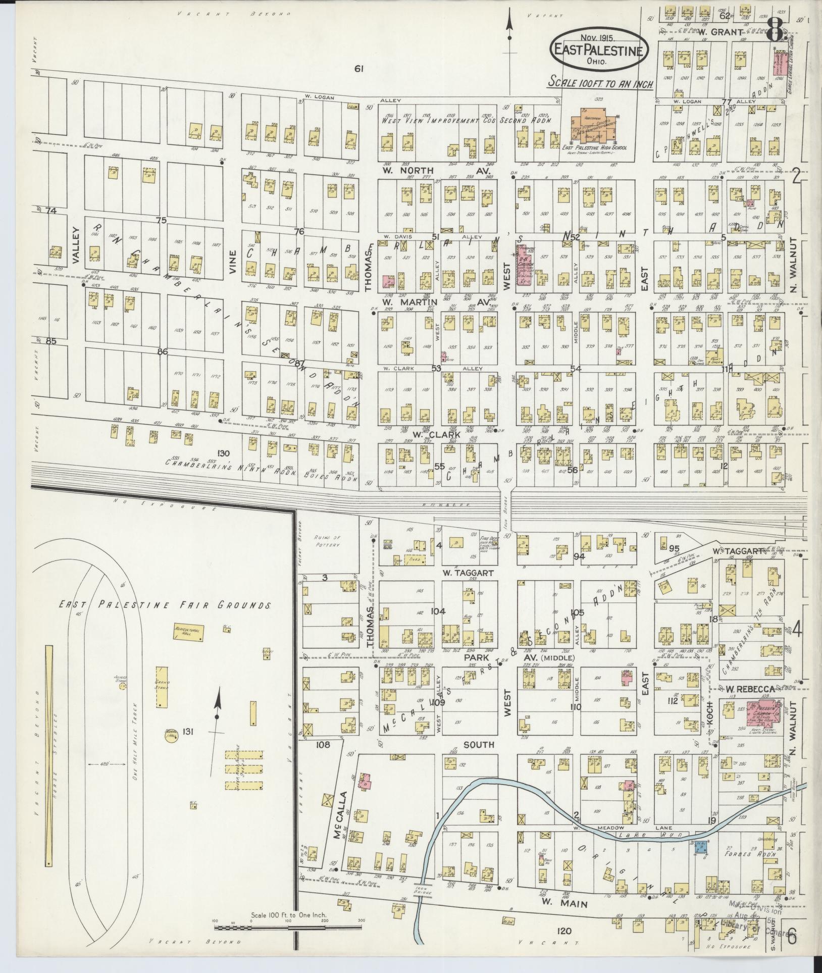 Sanborn Fire Insurance Map from East Palestine, Columbiana County, Ohio (1915), Sheet #0008 - Complete Map Set gallery image, historic Sanborn map, vintage wall art, Ohio Ohio