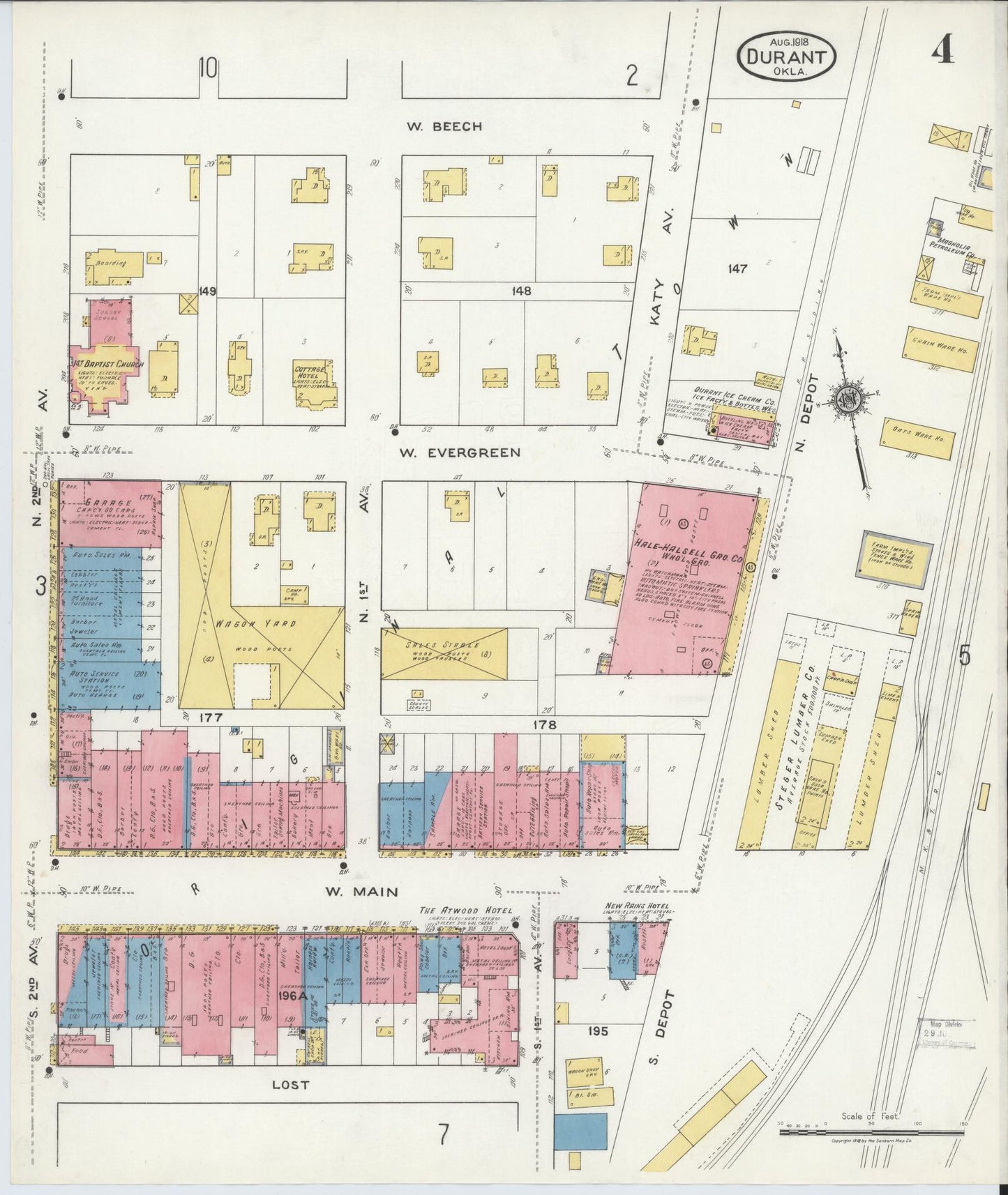 Sanborn Fire Insurance Map from Durant, Bryan County, Oklahoma (1918), Sheet #0004 - Historic Sanborn Fire Insurance Map Print, vintage old map wall art, antique decor, genealogy gift, Oklahoma Oklahoma map