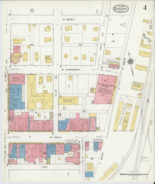 Sanborn Fire Insurance Map from Durant, Bryan County, Oklahoma (1918), Sheet #0004 - Historic Sanborn Fire Insurance Map Print, vintage old map wall art, antique decor, genealogy gift, Oklahoma Oklahoma map