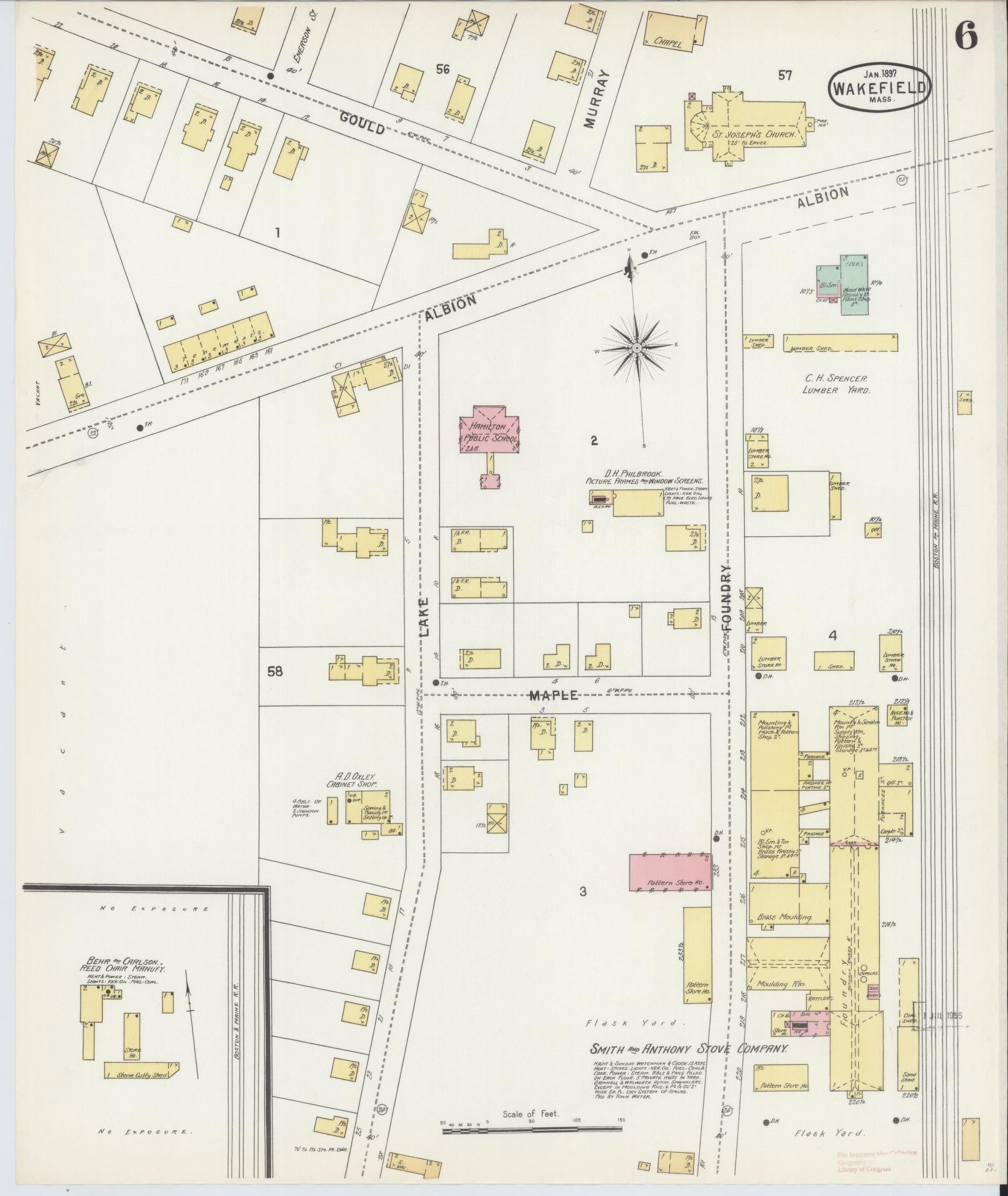 Sanborn Fire Insurance Map from Wakefield, Middlesex County, Massachusetts (1897), Sheet #0006 - Historic Sanborn Fire Insurance Map Print, vintage old map wall art, antique decor, genealogy gift, Massachusetts Massachusetts map