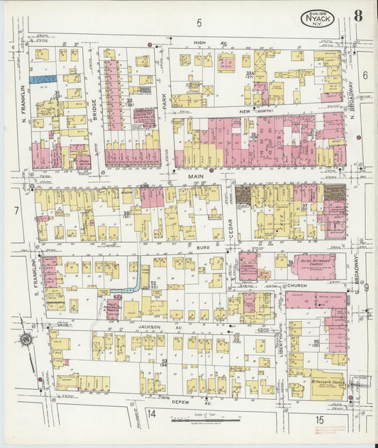 Sanborn Fire Insurance Map from Nyack, Rockland County, New York (1919), Sheet #0008 - Historic Sanborn Fire Insurance Map Print, vintage old map wall art, antique decor, genealogy gift, New York New York map