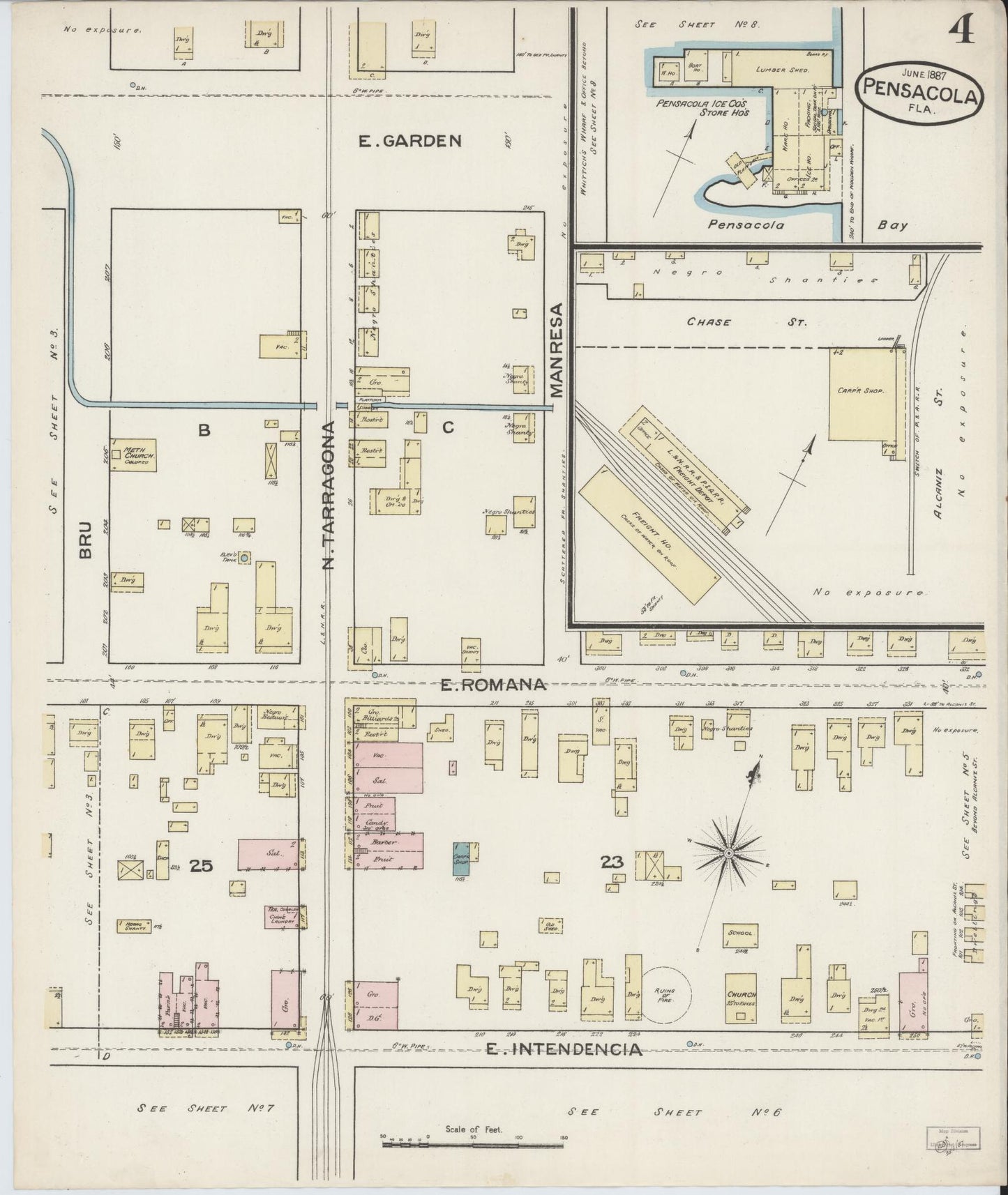 Sanborn Fire Insurance Map from Pensacola, Escambia County, Florida (1887), Sheet #0004 - Complete Map Set gallery image, historic Sanborn map, vintage wall art, Florida Florida
