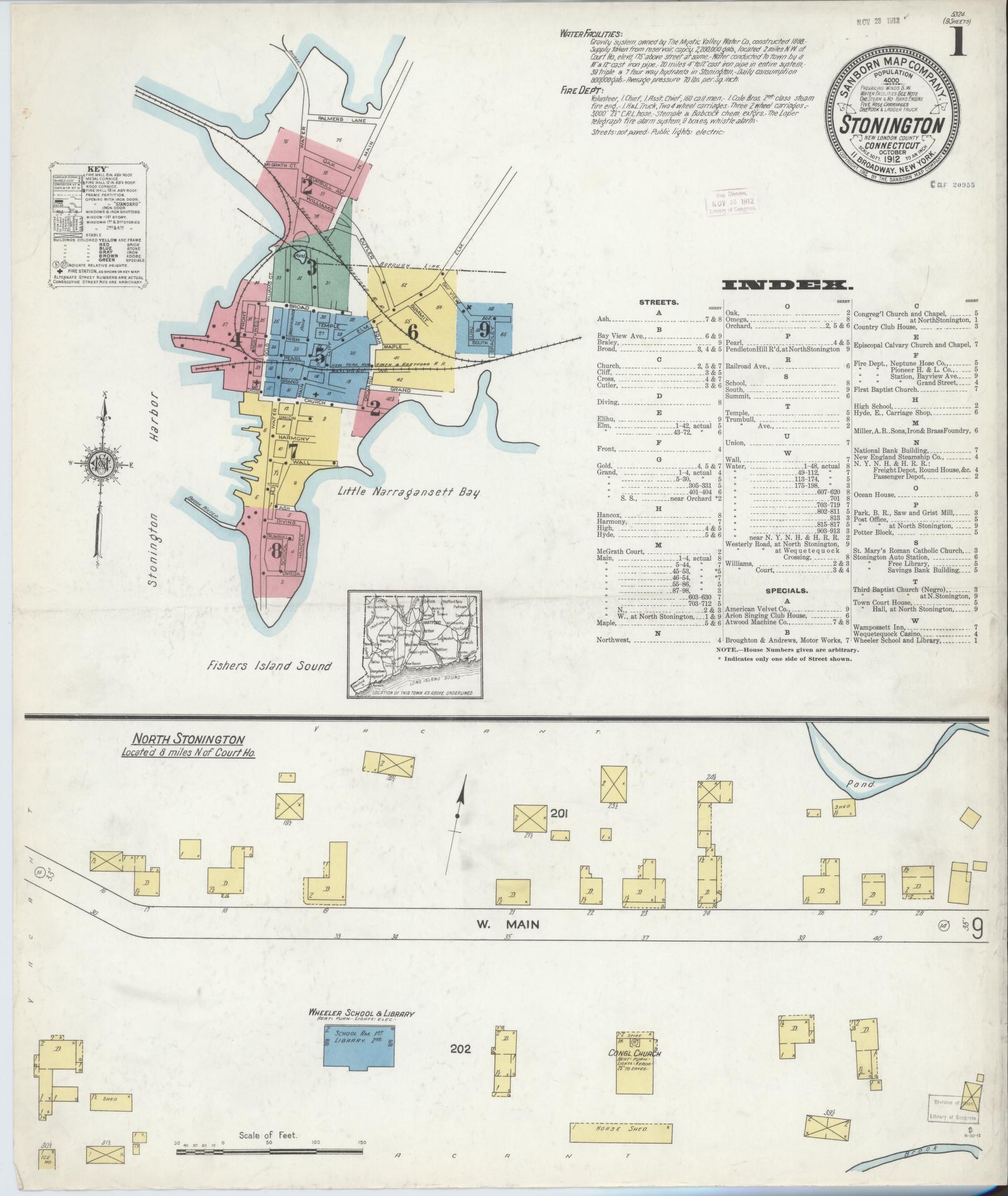 Sanborn Fire Insurance Map from Stonington, New London County, Connecticut (1912), Sheet #0001 - Complete Map Set gallery image, historic Sanborn map, vintage wall art, Connecticut Connecticut