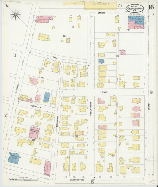 Sanborn Fire Insurance Map from Charleston, Kanawha County, West Virginia (1907), Sheet #0016 - Historic Sanborn Fire Insurance Map Print, vintage old map wall art, antique decor, genealogy gift, West Virginia West Virginia map