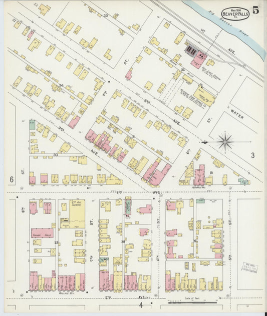 Sanborn Fire Insurance Map from Beaver Falls, Beaver County, Pennsylvania (1896), Sheet #0005 - Historic Sanborn Fire Insurance Map Print, vintage old map wall art, antique decor, genealogy gift, Pennsylvania Pennsylvania map