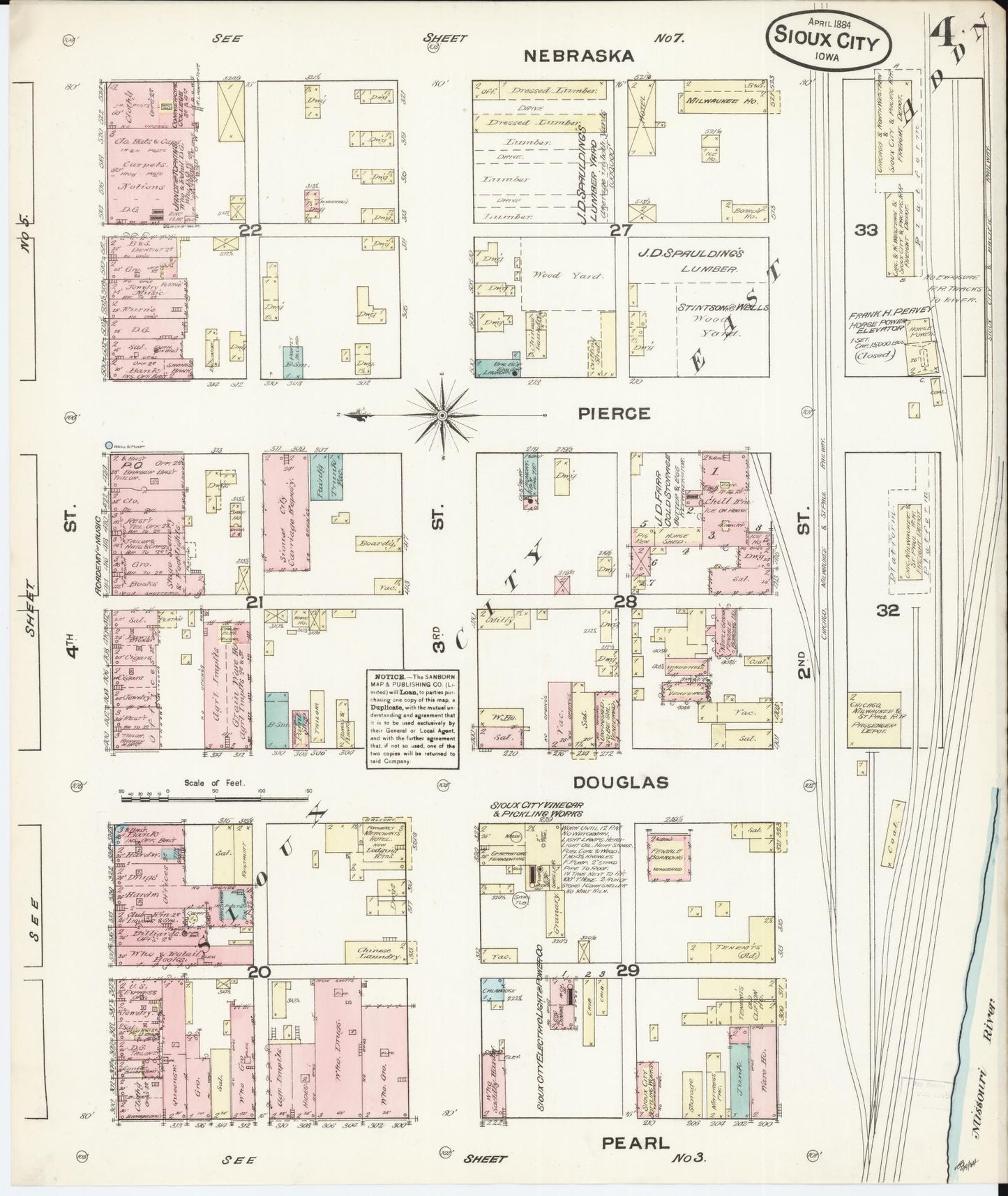 Sanborn Fire Insurance Map from Sioux City, Woodbury County, Iowa (1884), Sheet #0004 - Historic Sanborn Fire Insurance Map Print, vintage old map wall art