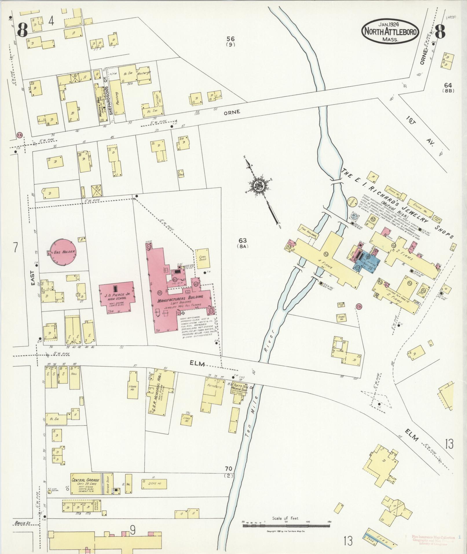 Sanborn Fire Insurance Map from North Attleborough, Bristol County, Massachusetts (1924), Sheet #0008 - Complete Map Set gallery image, historic Sanborn map, vintage wall art, Massachusetts Massachusetts