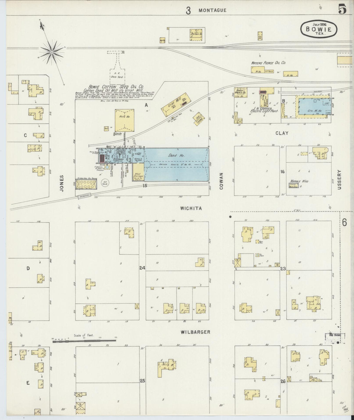 Sanborn Fire Insurance Map from Bowie, Montague County, Texas (1896), Sheet #0005 - Complete Map Set gallery image, historic Sanborn map, vintage wall art, Texas Texas