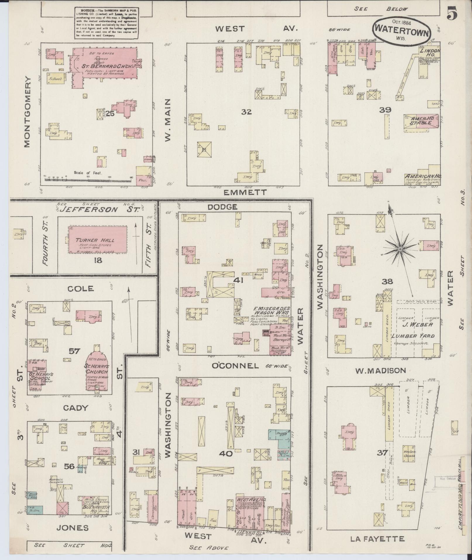 Sanborn Fire Insurance Map from Watertown, Jefferson County, Wisconsin (1884), Sheet #0005 - Historic Sanborn Fire Insurance Map Print, vintage old map wall art, antique decor, genealogy gift, Wisconsin Wisconsin map