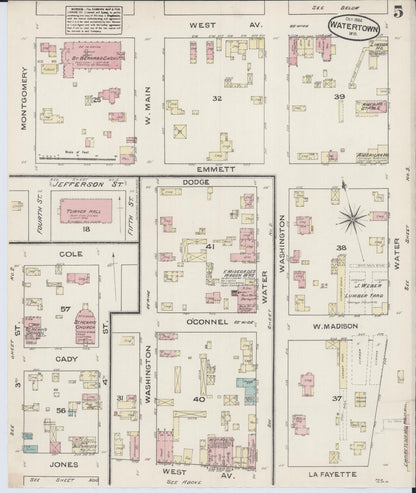Sanborn Fire Insurance Map from Watertown, Jefferson County, Wisconsin (1884), Sheet #0005 - Historic Sanborn Fire Insurance Map Print, vintage old map wall art, antique decor, genealogy gift, Wisconsin Wisconsin map