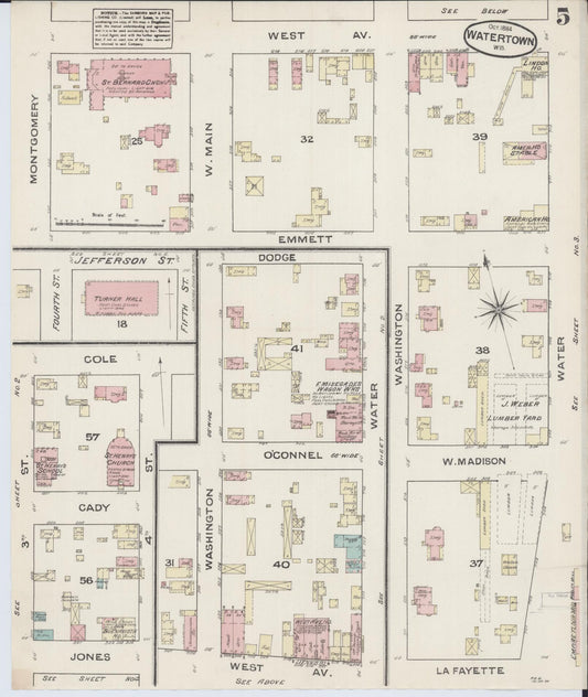 Sanborn Fire Insurance Map from Watertown, Jefferson County, Wisconsin (1884), Sheet #0005 - Historic Sanborn Fire Insurance Map Print, vintage old map wall art, antique decor, genealogy gift, Wisconsin Wisconsin map