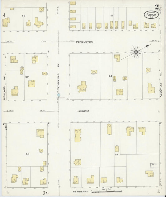 Sanborn Fire Insurance Map from Aiken, Aiken County, South Carolina (1909), Sheet #0002 - Historic Sanborn Fire Insurance Map Print, vintage old map wall art, antique decor, genealogy gift, South Carolina South Carolina map